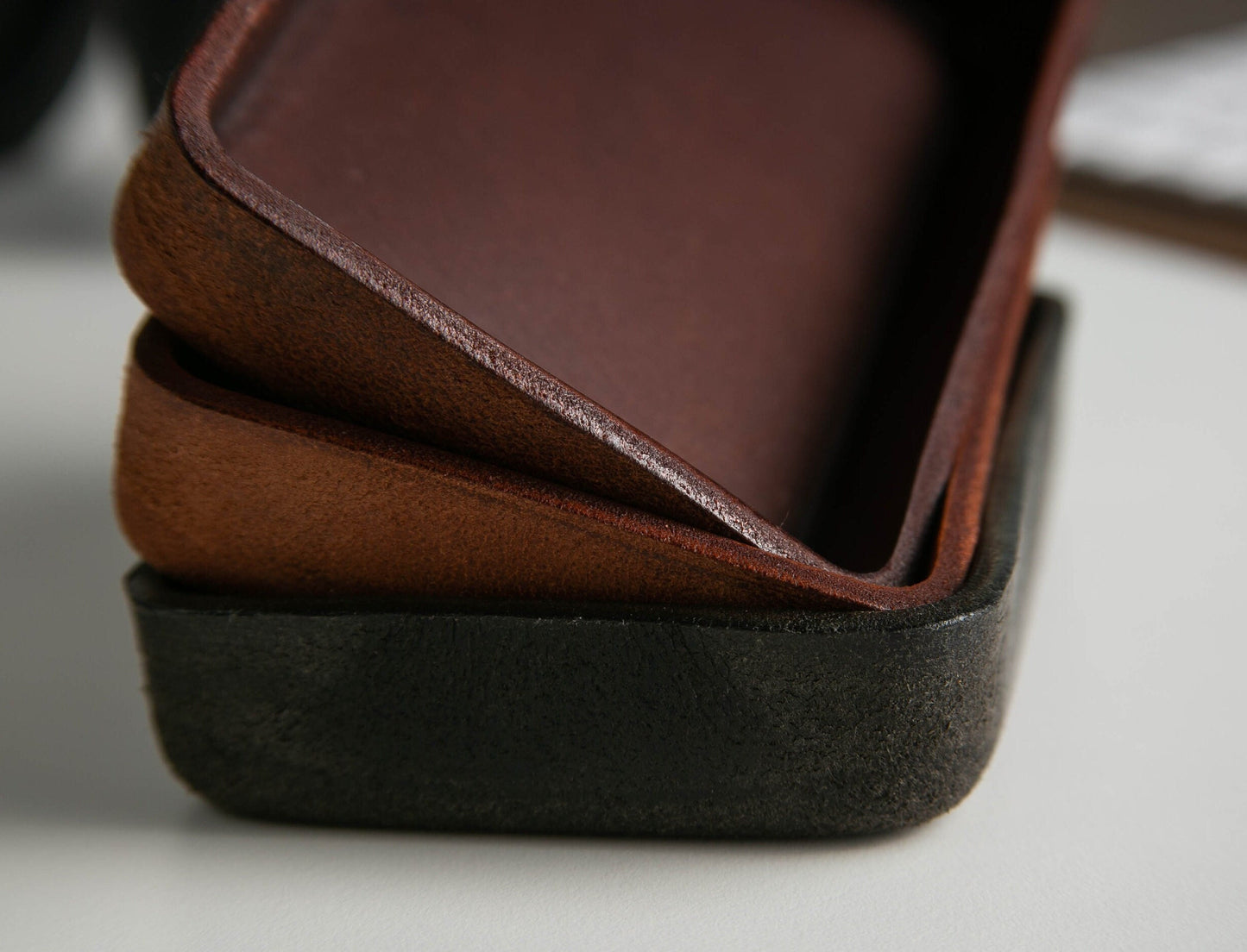 Vegetable Tanned Hard Leather Valet (Design 1) - 3 Year Anniversary Gift for Him Husband Fiancé, Catchall Storage for Desk Dad, Dump Tray
