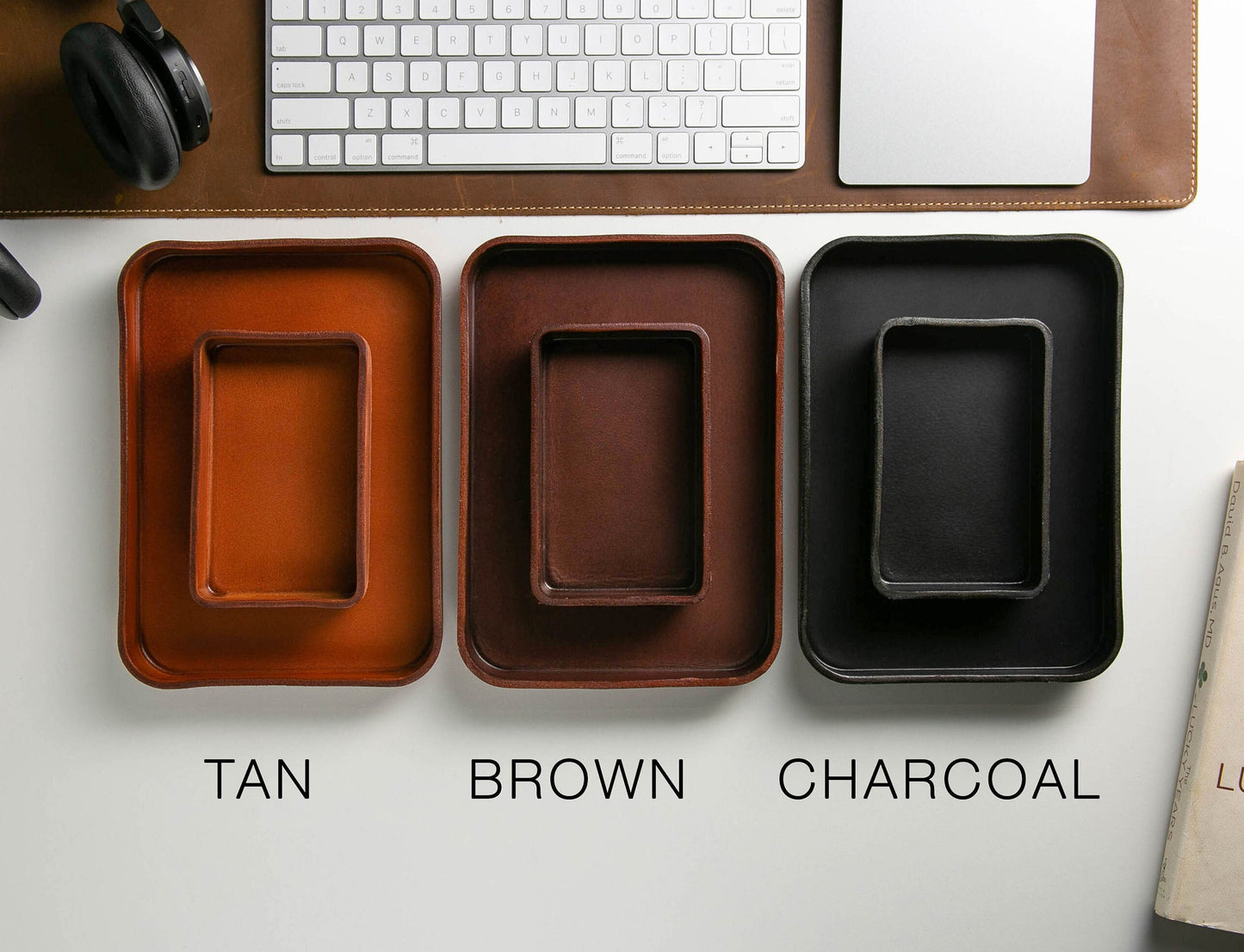 Vegetable Tanned Hard Leather Valet (Design 1) - 3 Year Anniversary Gift for Him Husband Fiancé, Catchall Storage for Desk Dad, Dump Tray