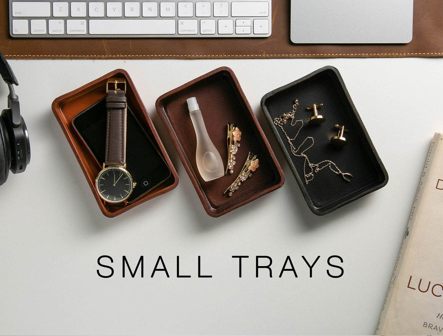 Vegetable Tanned Hard Leather Valet (Design 1) - 3 Year Anniversary Gift for Him Husband Fiancé, Catchall Storage for Desk Dad, Dump Tray