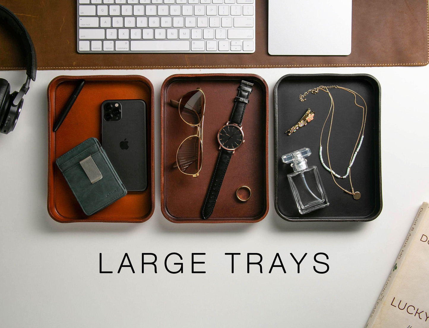 Vegetable Tanned Hard Leather Valet (Design 1) - 3 Year Anniversary Gift for Him Husband Fiancé, Catchall Storage for Desk Dad, Dump Tray
