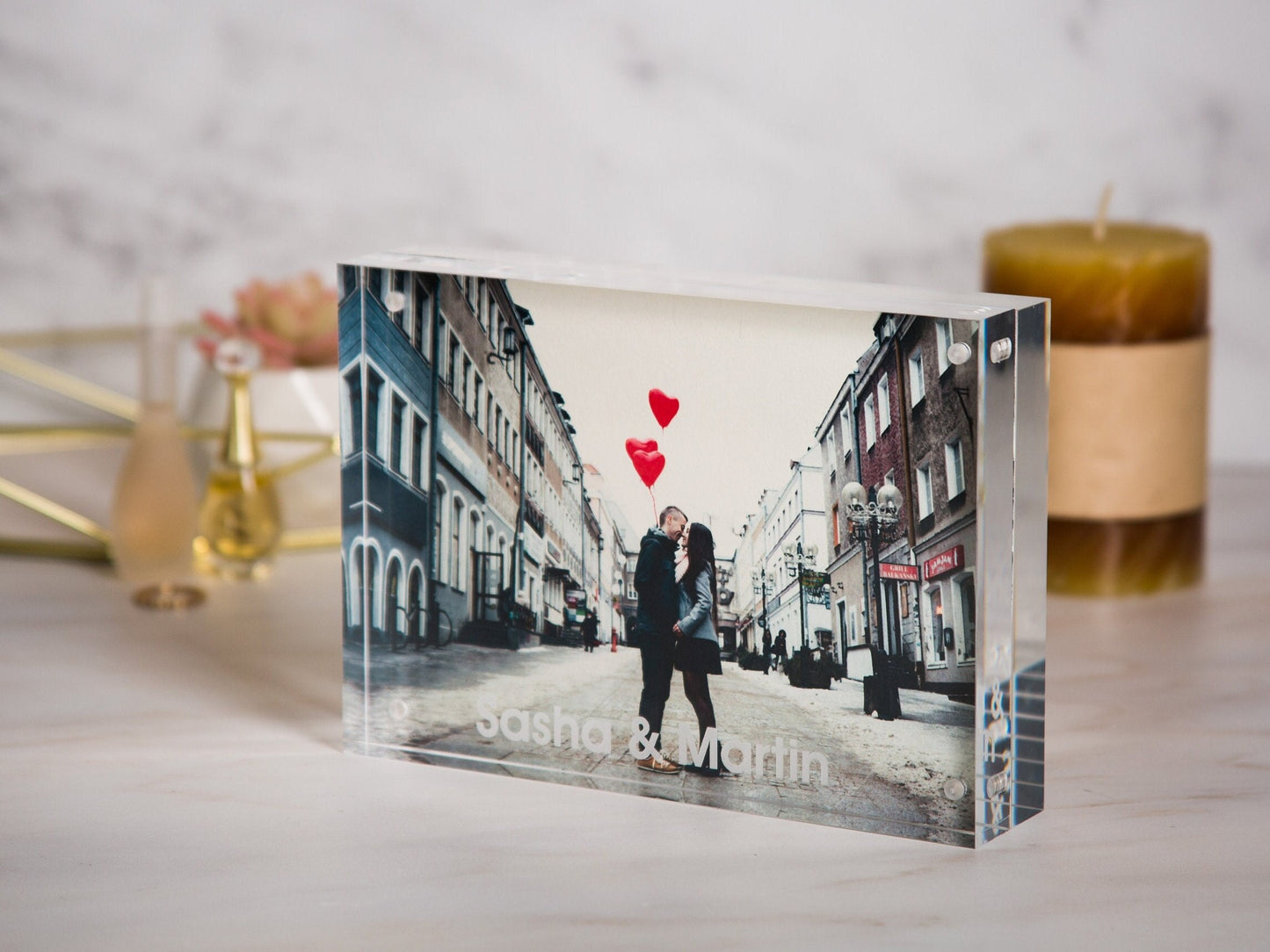 Engraved Acrylic Photo Block - New Home Office Business Modern Picture Frame, Anniversary Gift for Husband Wife First Birthday Baby Photo