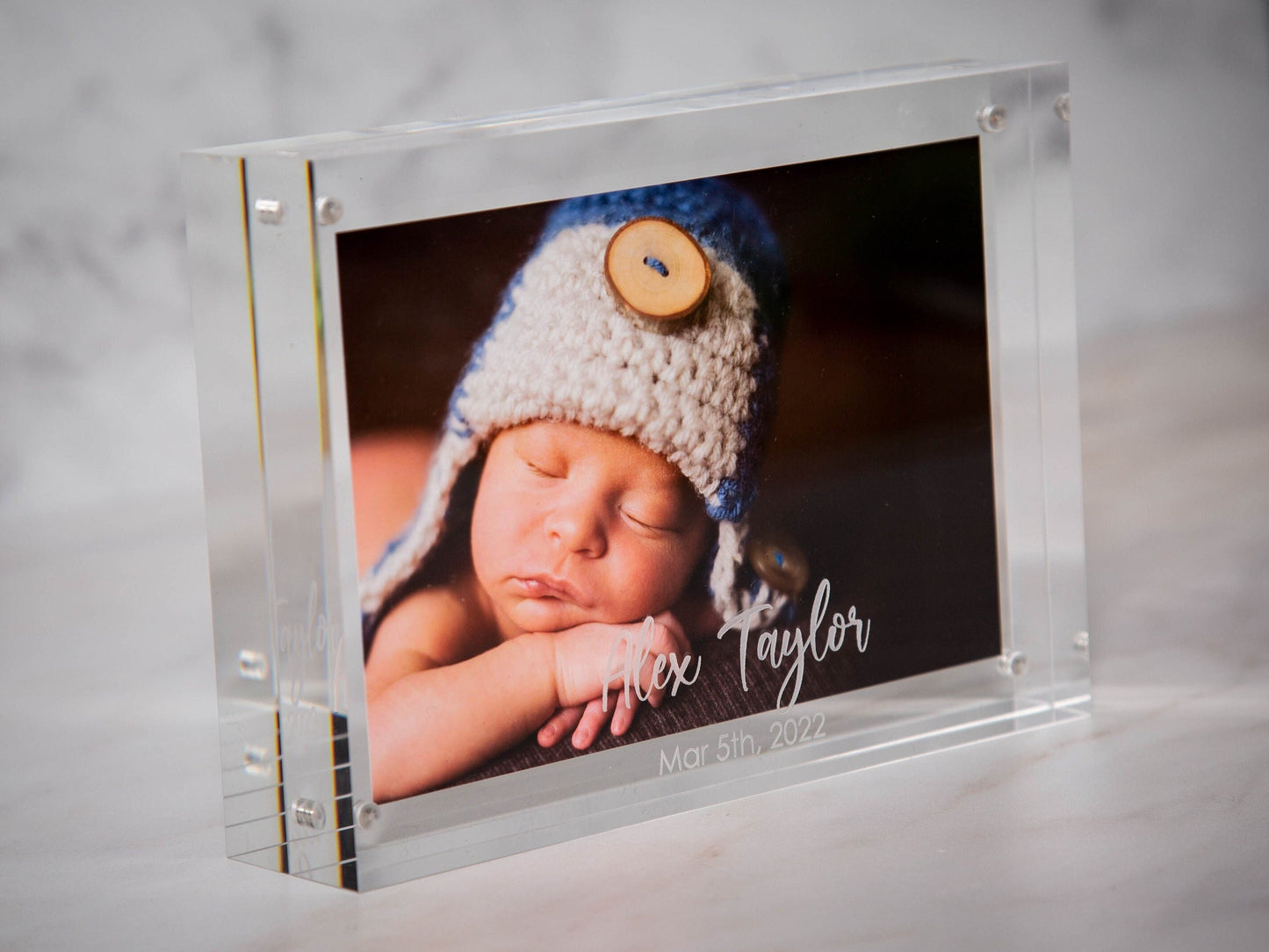 Engraved Acrylic Photo Block - New Home Office Business Modern Picture Frame, Anniversary Gift for Husband Wife First Birthday Baby Photo