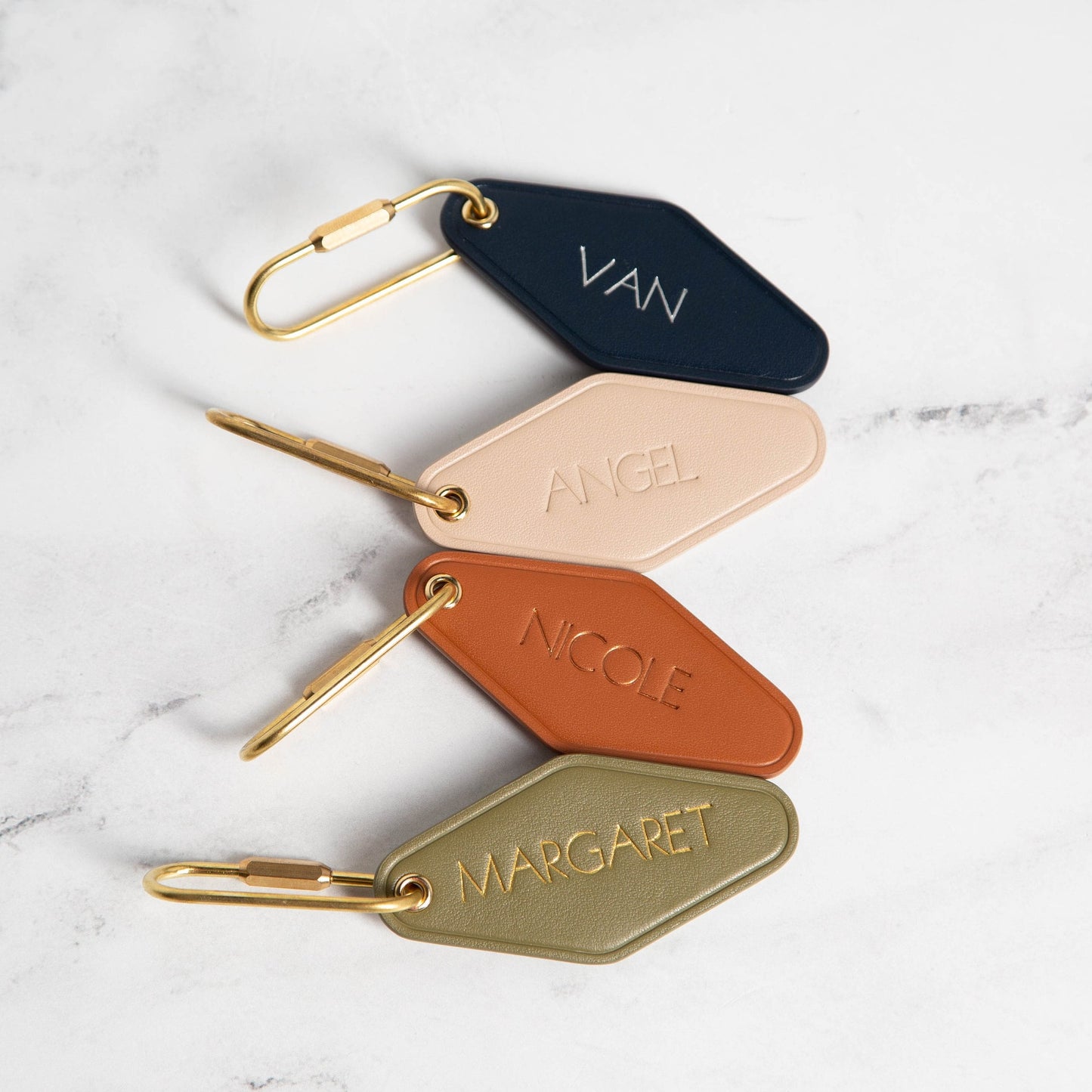 Embossed Diamond Leather Keychain (Name) - Modern Luxury Key Chain FOB, Travel Luggage Bag Tag, Vintage Style Hotel Motel Office Keys Ring