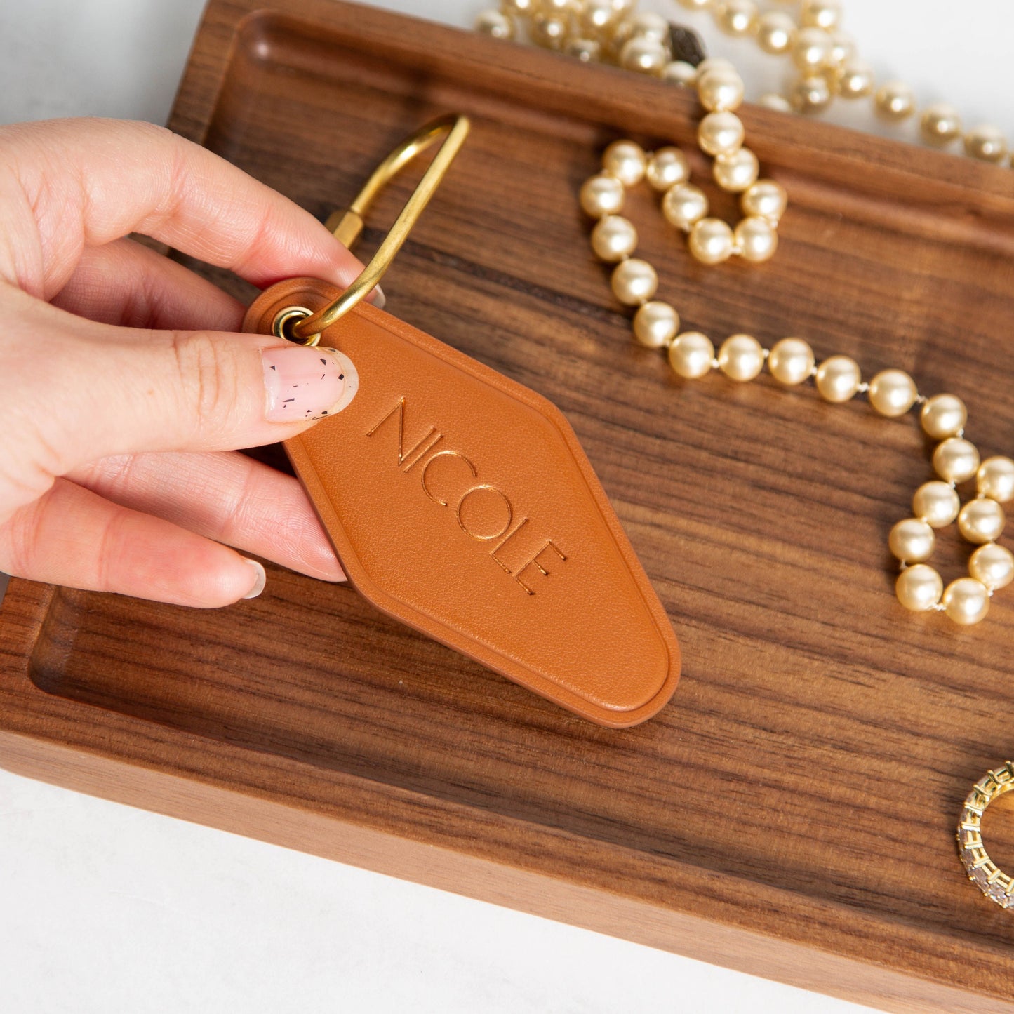 Embossed Diamond Leather Keychain (Name) - Modern Luxury Key Chain FOB, Travel Luggage Bag Tag, Vintage Style Hotel Motel Office Keys Ring