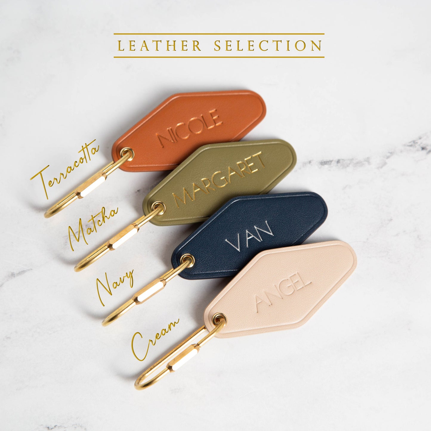Embossed Diamond Leather Keychain (Name) - Modern Luxury Key Chain FOB, Travel Luggage Bag Tag, Vintage Style Hotel Motel Office Keys Ring