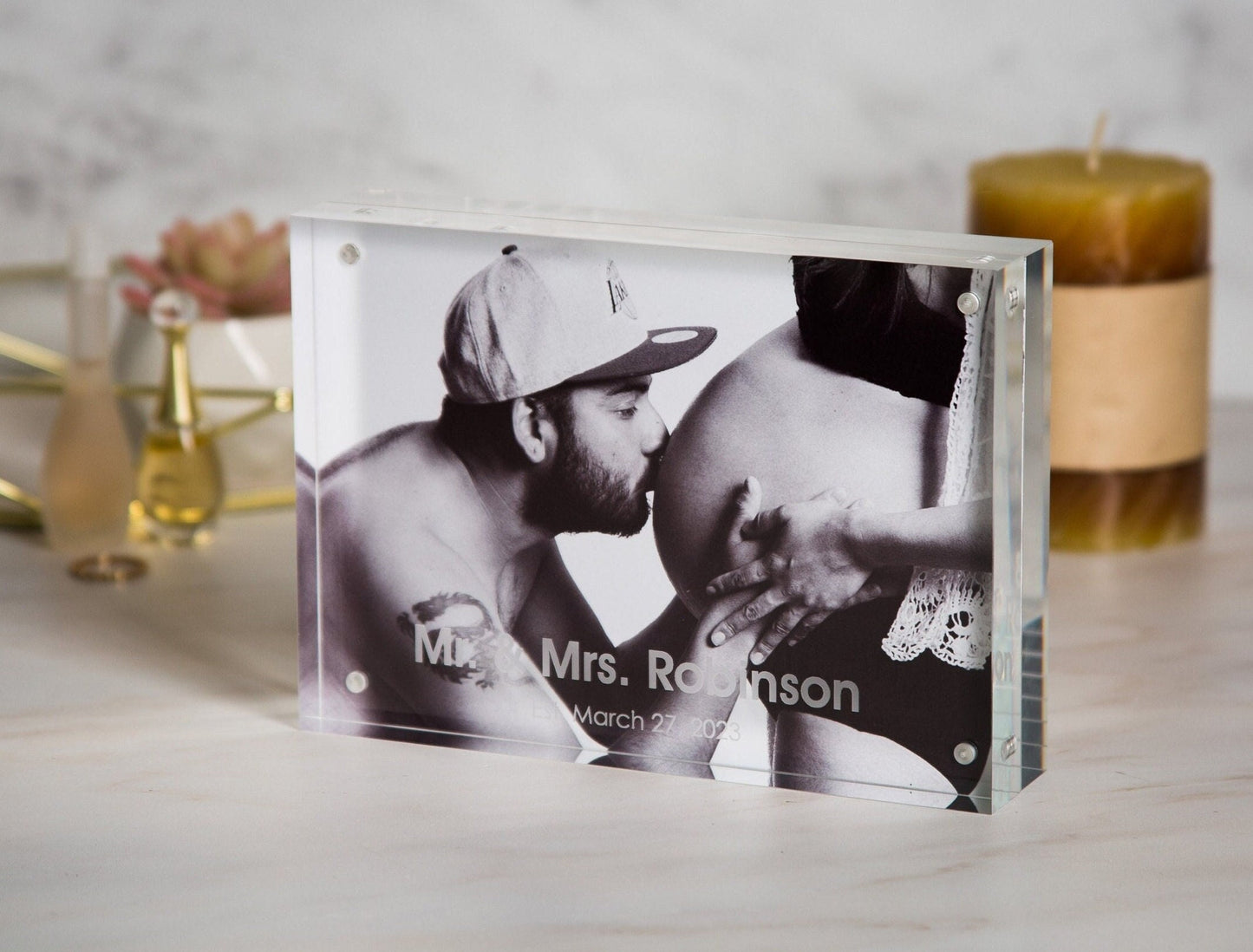 Engraved Acrylic Photo Block - Custom Magnetic Picture Frame New Home Family Gift for Significant Other Long Distance Boyfriend Girlfriend