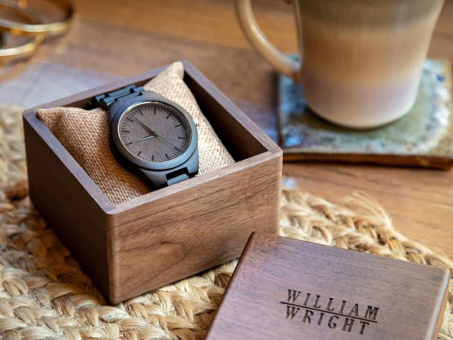 Engraved Wood Watch & Walnut Gift Box - Mens Watch, Anniversary Wedding Day Gift for Husband Groom Boyfriend Son Dad, Teacher Appreciation