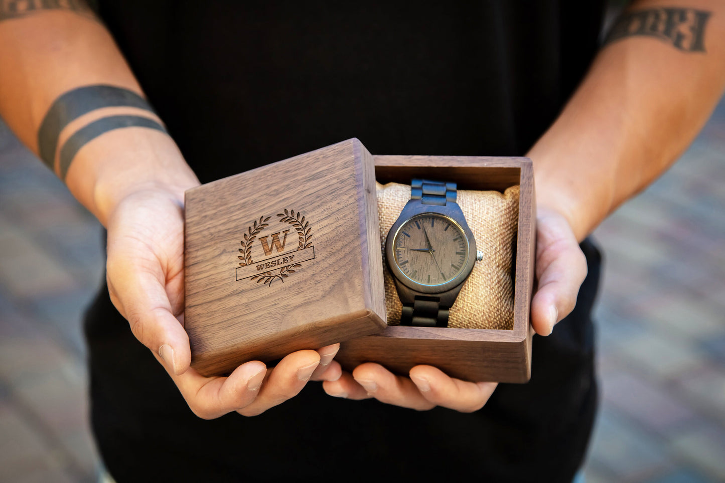 Engraved Wood Watch & Walnut Gift Box - Mens Watch, Anniversary Wedding Day Gift for Husband Groom Boyfriend Son Dad, Teacher Appreciation