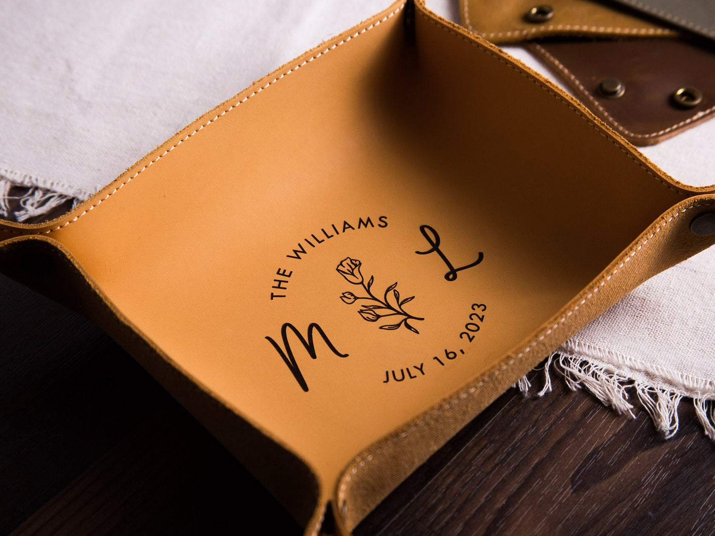 Engraved Leather Valet Tray - Personalized Catchall Ring or Key Tray, Office Desk or Entryway Dorm Decor, 3rd Anniversary Honeymoon Gift