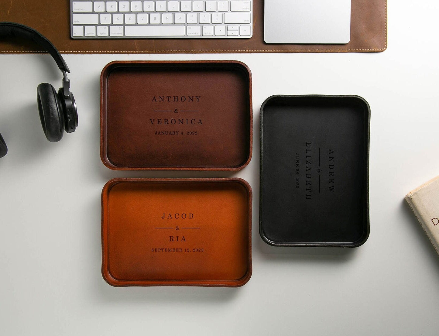 Vegetable Tanned Hard Leather Valet (Design 5) - Tray Office Home Dorm Decor, Anniversary Engagement Wedding Honeymoon Gift Husband Groom