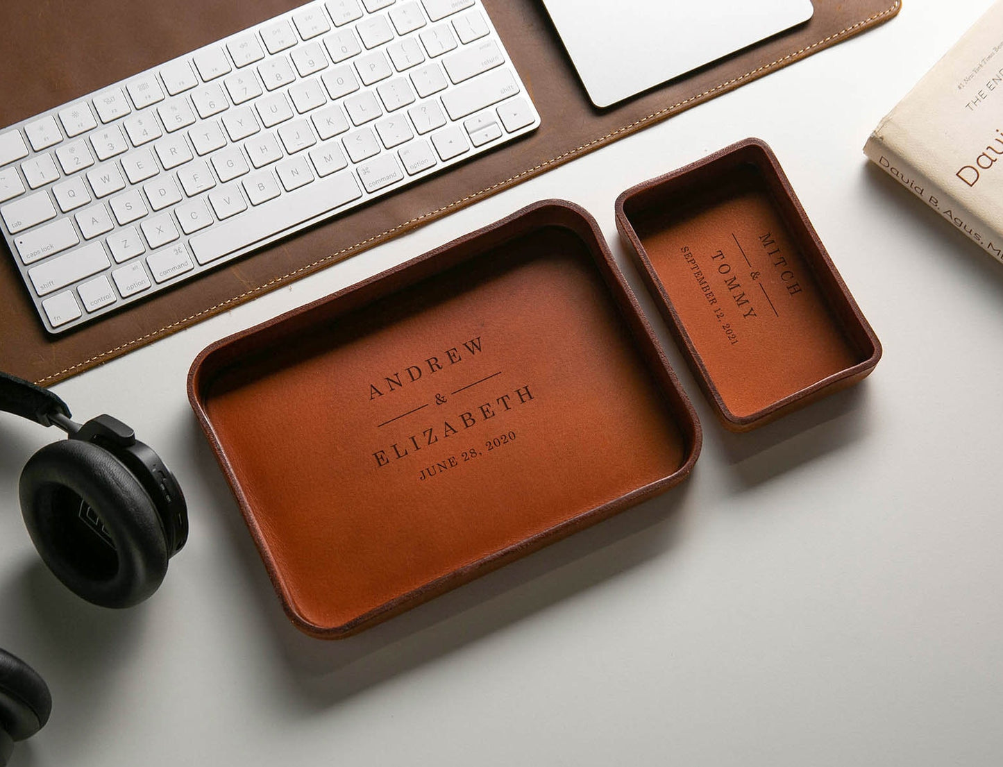 Vegetable Tanned Hard Leather Valet (Design 5) - Tray Office Home Dorm Decor, Anniversary Engagement Wedding Honeymoon Gift Husband Groom