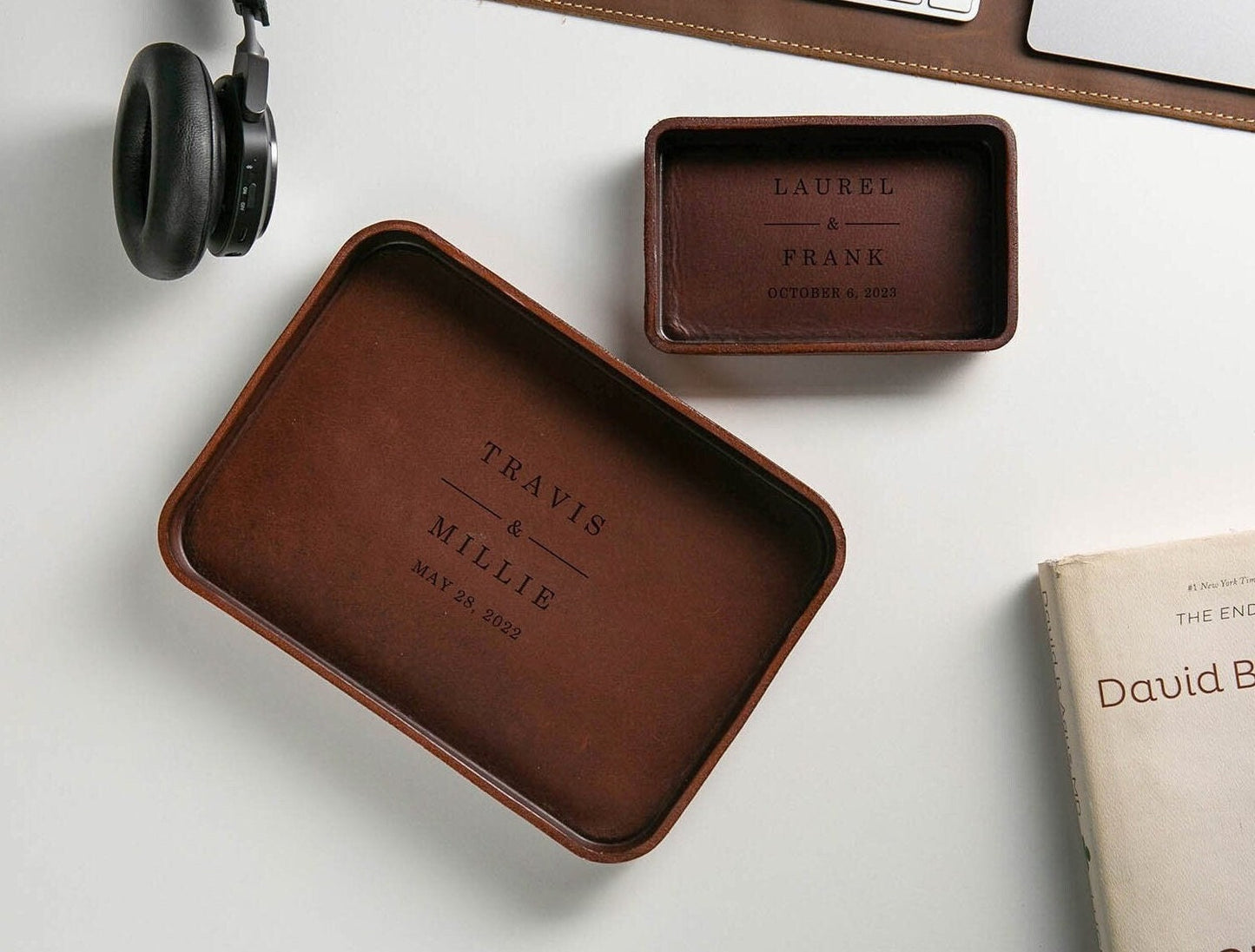 Vegetable Tanned Hard Leather Valet (Design 5) - Tray Office Home Dorm Decor, Anniversary Engagement Wedding Honeymoon Gift Husband Groom