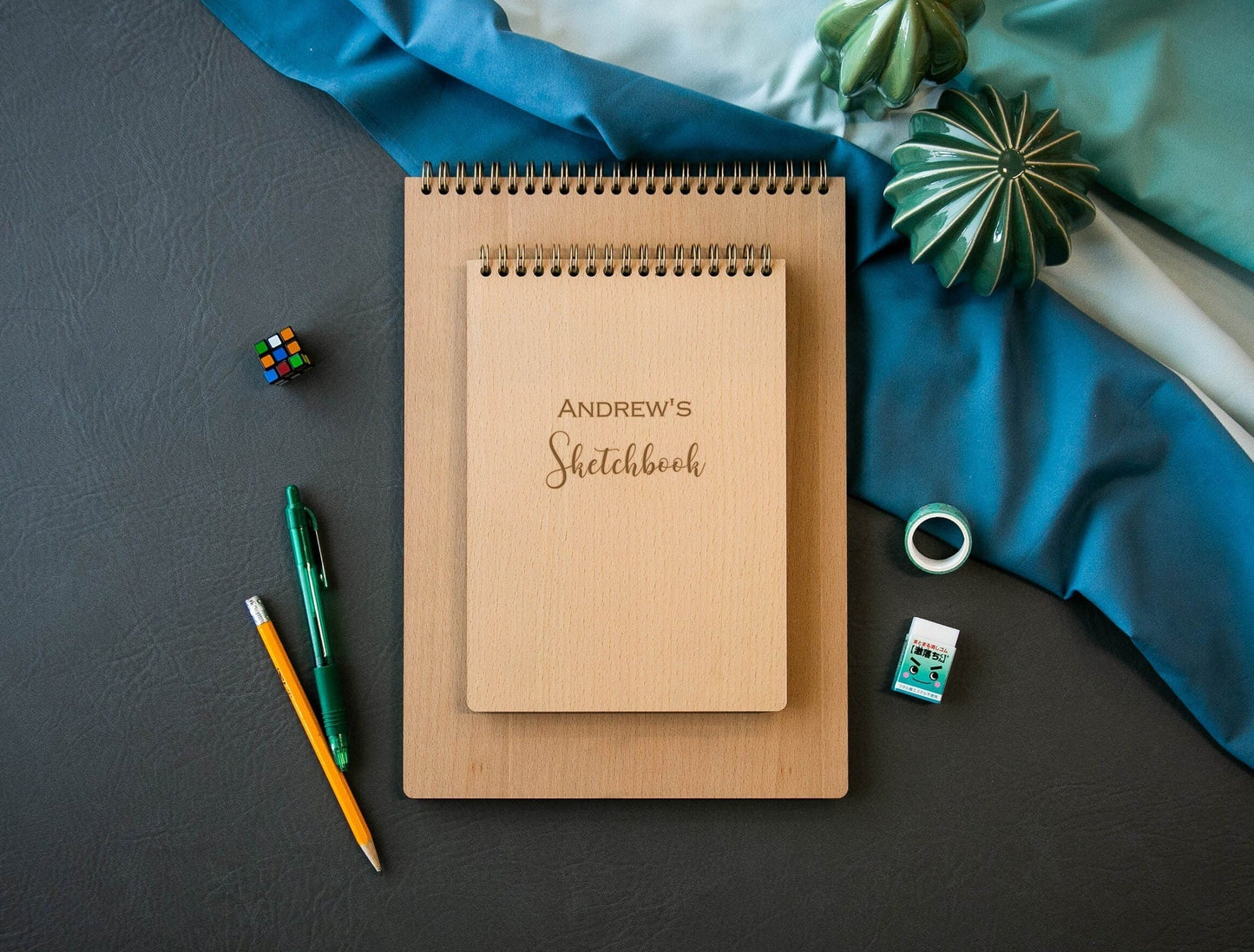 Engraved Sketchbook - Wooden Drawing Notepad Artist Sketch Pad Spiral for Student, Birthday Teacher Back to School Gift for Creatives