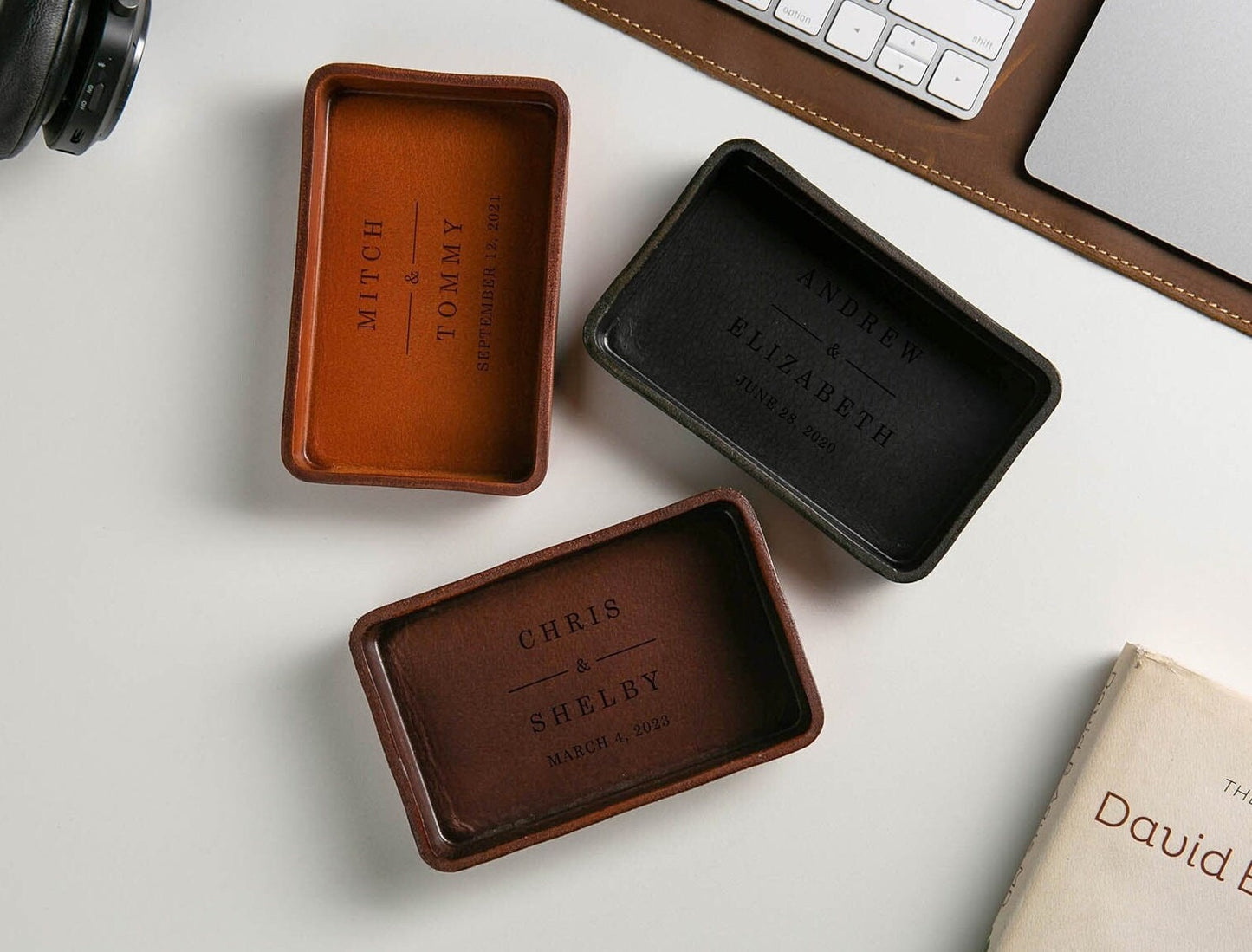 Vegetable Tanned Hard Leather Valet (Design 5) - Tray Office Home Dorm Decor, Anniversary Engagement Wedding Honeymoon Gift Husband Groom