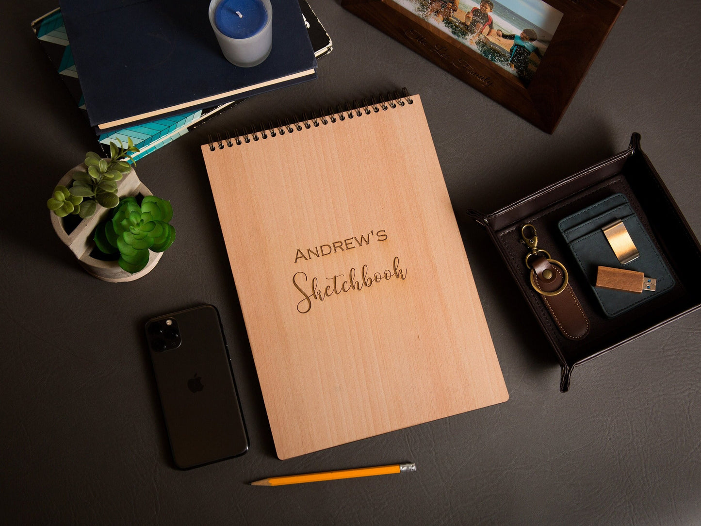 Engraved Sketchbook - Wooden Drawing Notepad Artist Sketch Pad Spiral for Student, Birthday Teacher Back to School Gift for Creatives