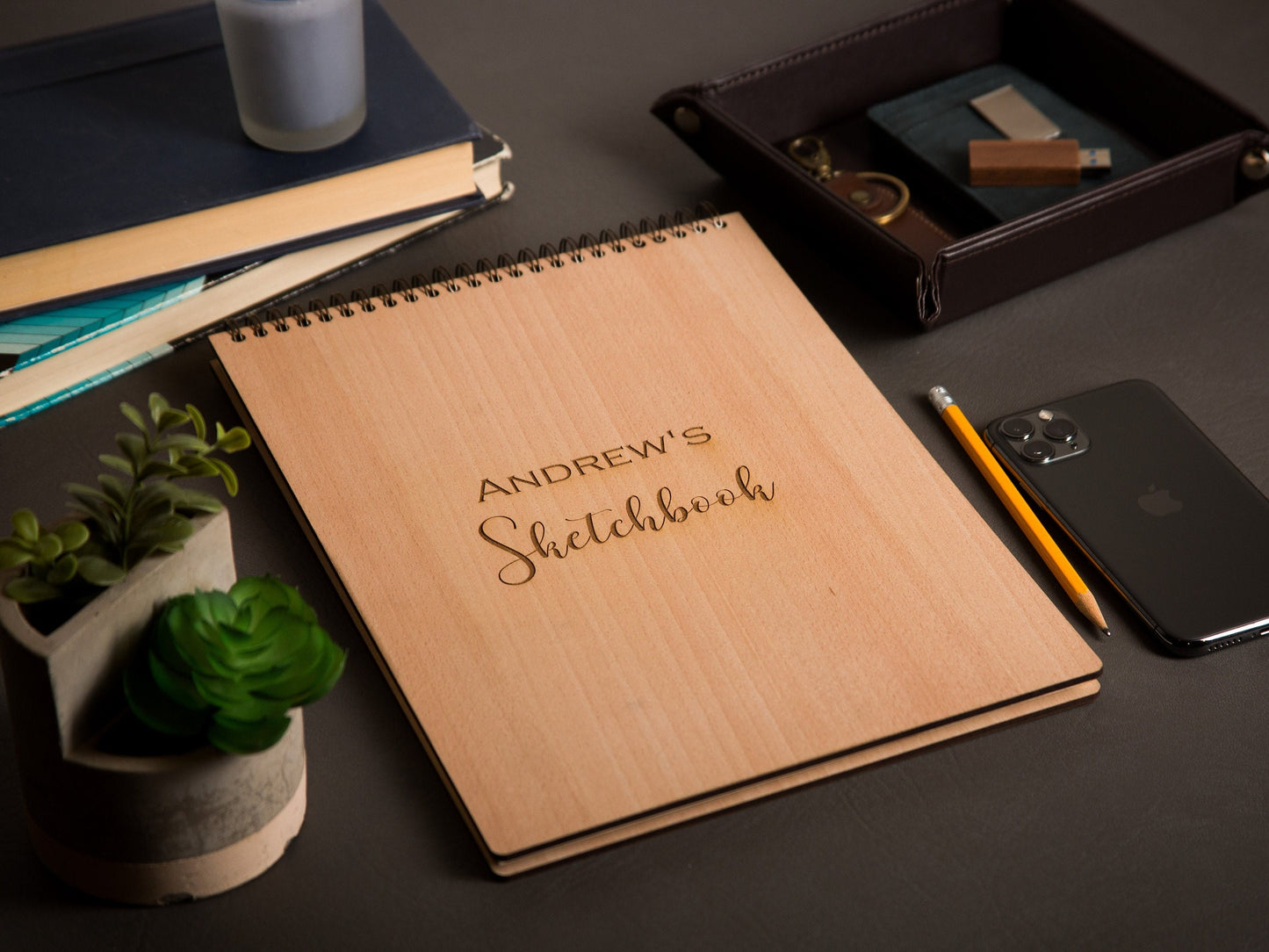 Engraved Sketchbook - Wooden Drawing Notepad Artist Sketch Pad Spiral for Student, Birthday Teacher Back to School Gift for Creatives