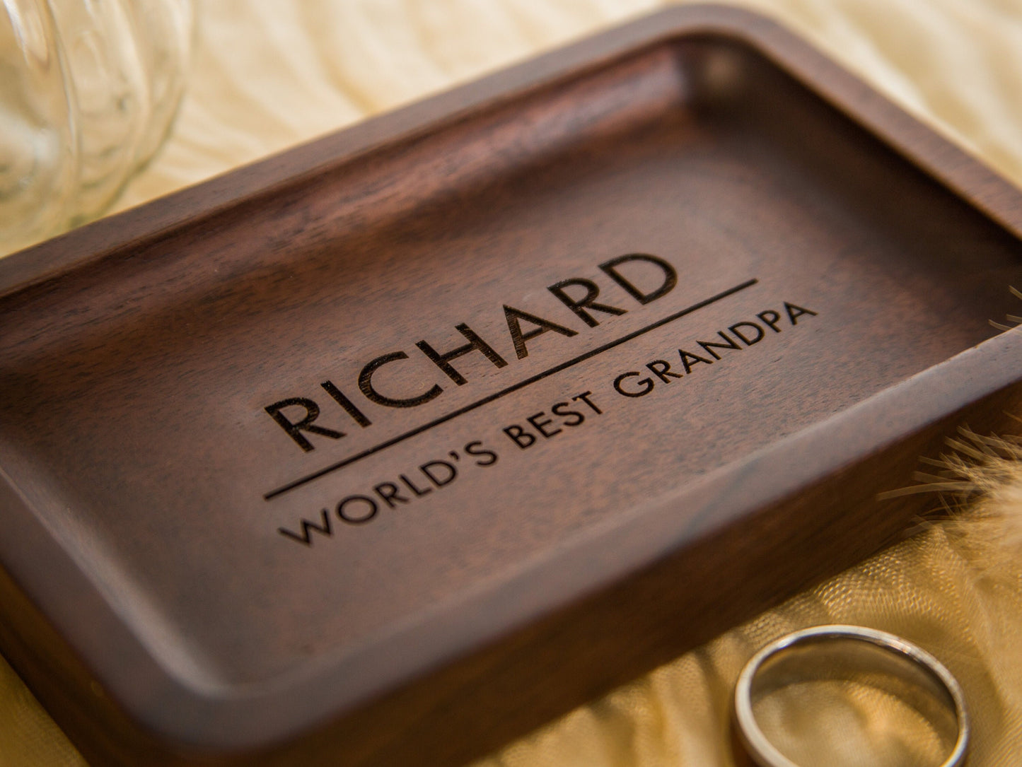 Rectangle Wood Tray - Engraved Dish for Rings Coins Keys, Entry Bedside Table Tray Personal Gift for Him Grandpa Grand Parents, Dorm Decor