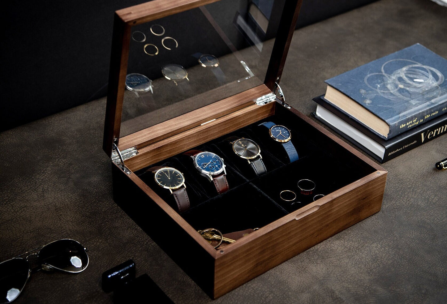 8x10 Wood Watch Box with Glass Lid (Design 3) - Modern Minimalist Gift for Watch Lovers Enthusiasts Gentlemen, Men's Jewelry Holder Case