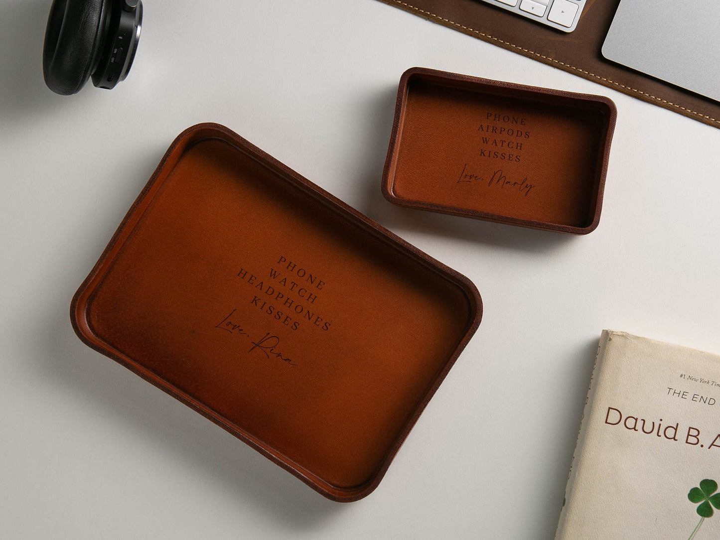Vegetable Tanned Hard Leather Valet (Design 6) - Engraved Tray for Him Boyfriend Husband Mens Anniversary, Custom Message Gifts for Mother
