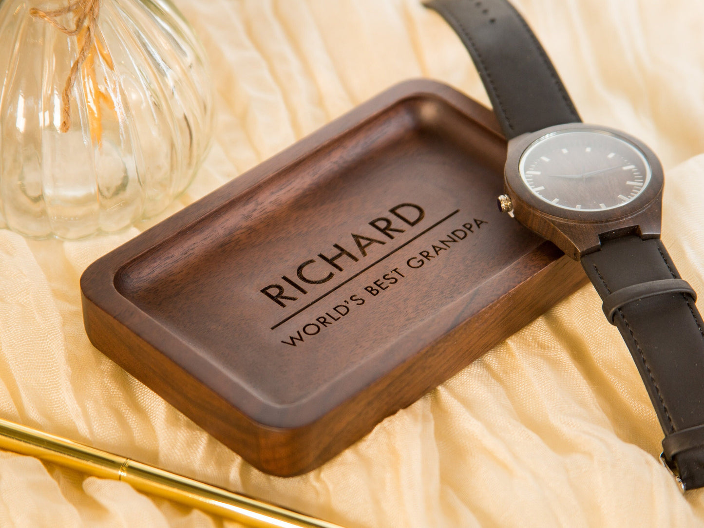 Rectangle Wood Tray - Engraved Dish for Rings Coins Keys, Entry Bedside Table Tray Personal Gift for Him Grandpa Grand Parents, Dorm Decor
