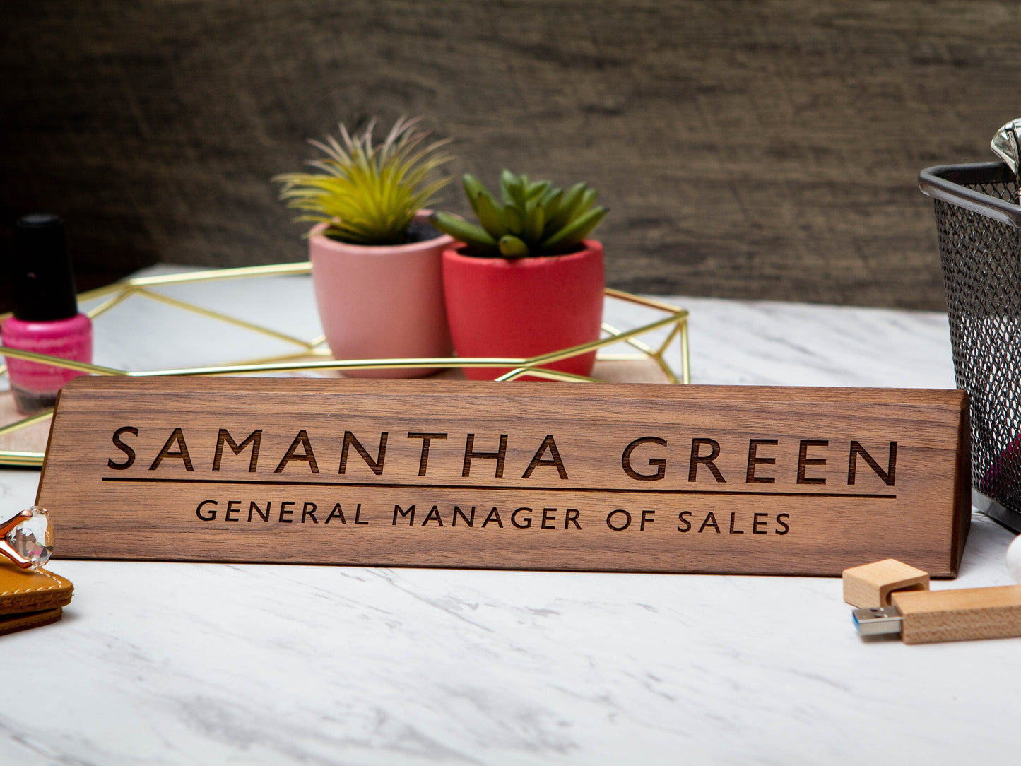 Wood Name Plate - 11.75 inches, Modern Engraved Walnut Desk Sign, Office Decor Gift for Boss Teacher Realtor CEO, Back to School