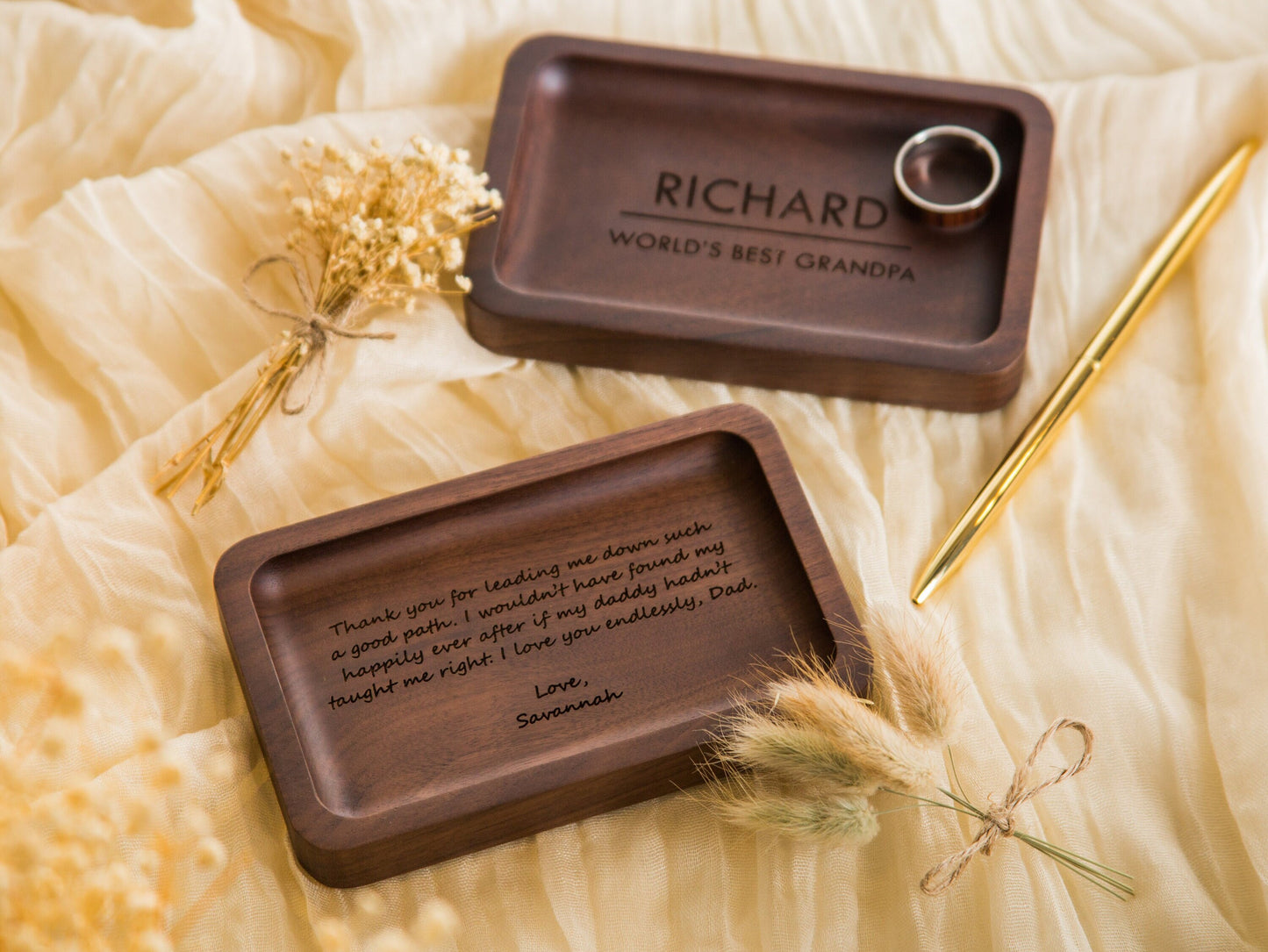 Rectangle Wood Tray - Engraved Dish for Rings Coins Keys, Entry Bedside Table Tray Personal Gift for Him Grandpa Grand Parents, Dorm Decor