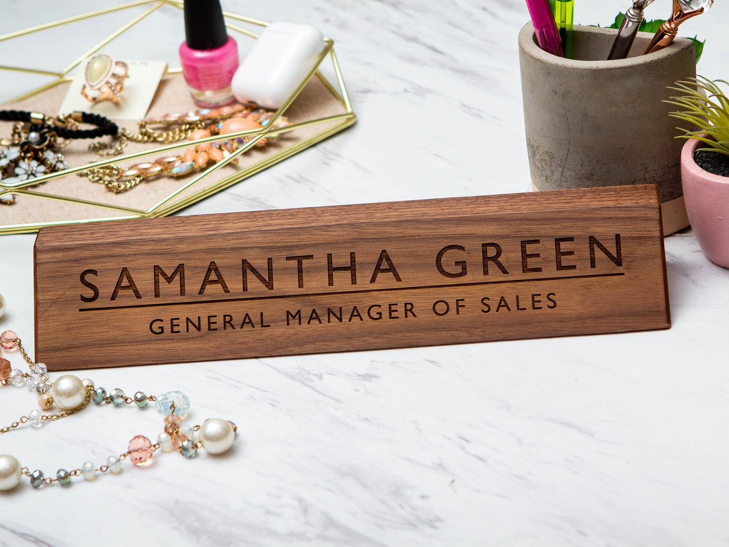 Wood Name Plate - 11.75 inches, Modern Engraved Walnut Desk Sign, Office Decor Gift for Boss Teacher Realtor CEO, Back to School