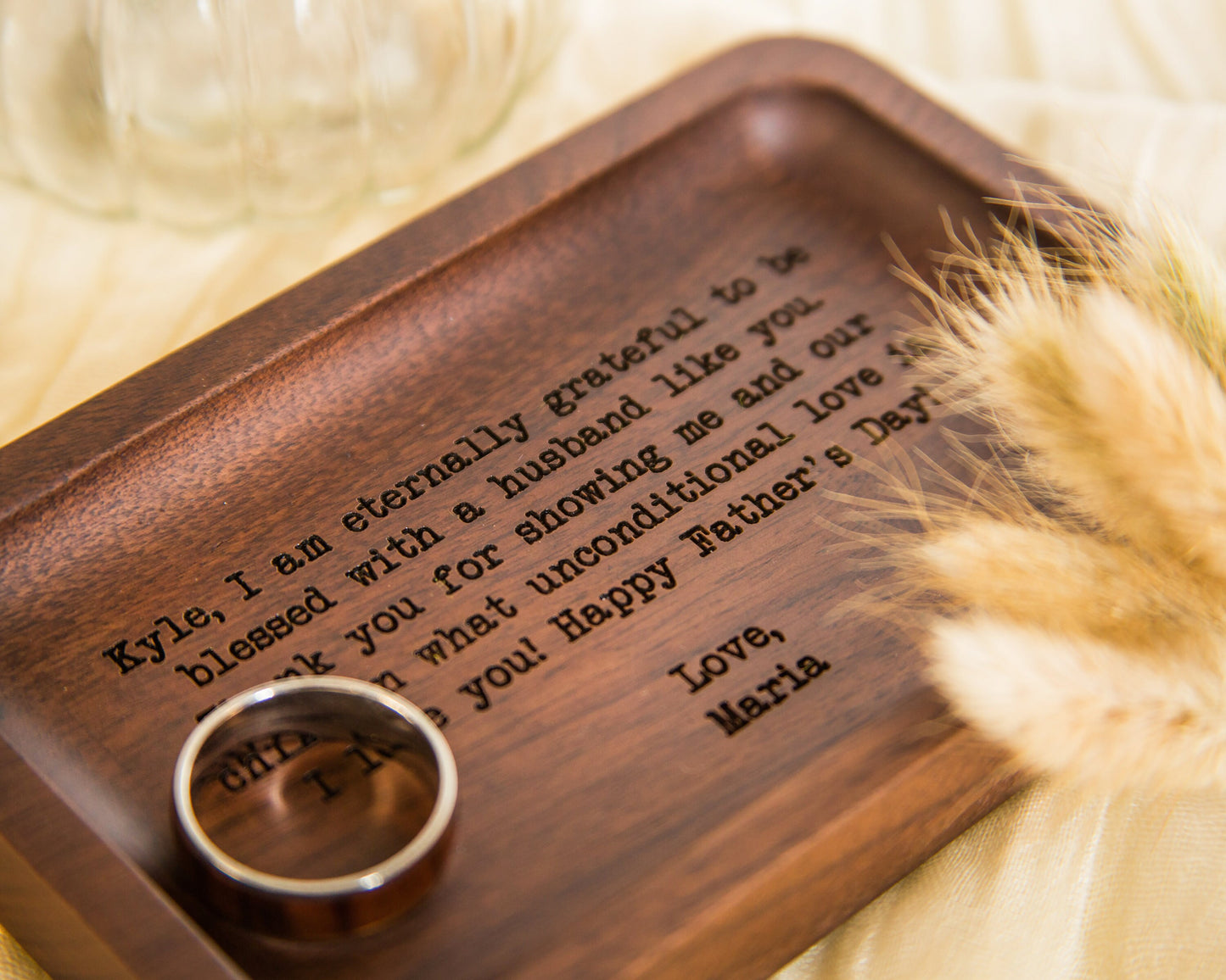 Rectangle Wood Tray - Engraved Dish for Rings Coins Keys, Entry Bedside Table Tray Personal Gift for Him Grandpa Grand Parents, Dorm Decor