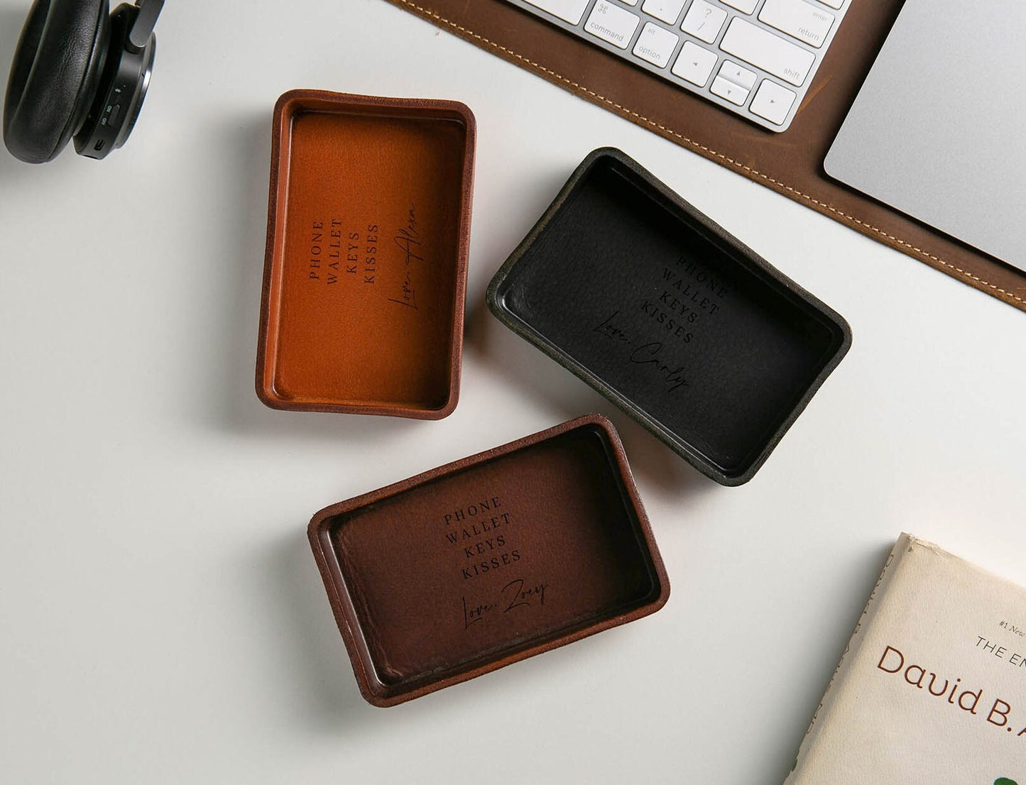 Vegetable Tanned Hard Leather Valet (Design 6) - Engraved Tray for Him Boyfriend Husband Mens Anniversary, Custom Message Gifts for Mother