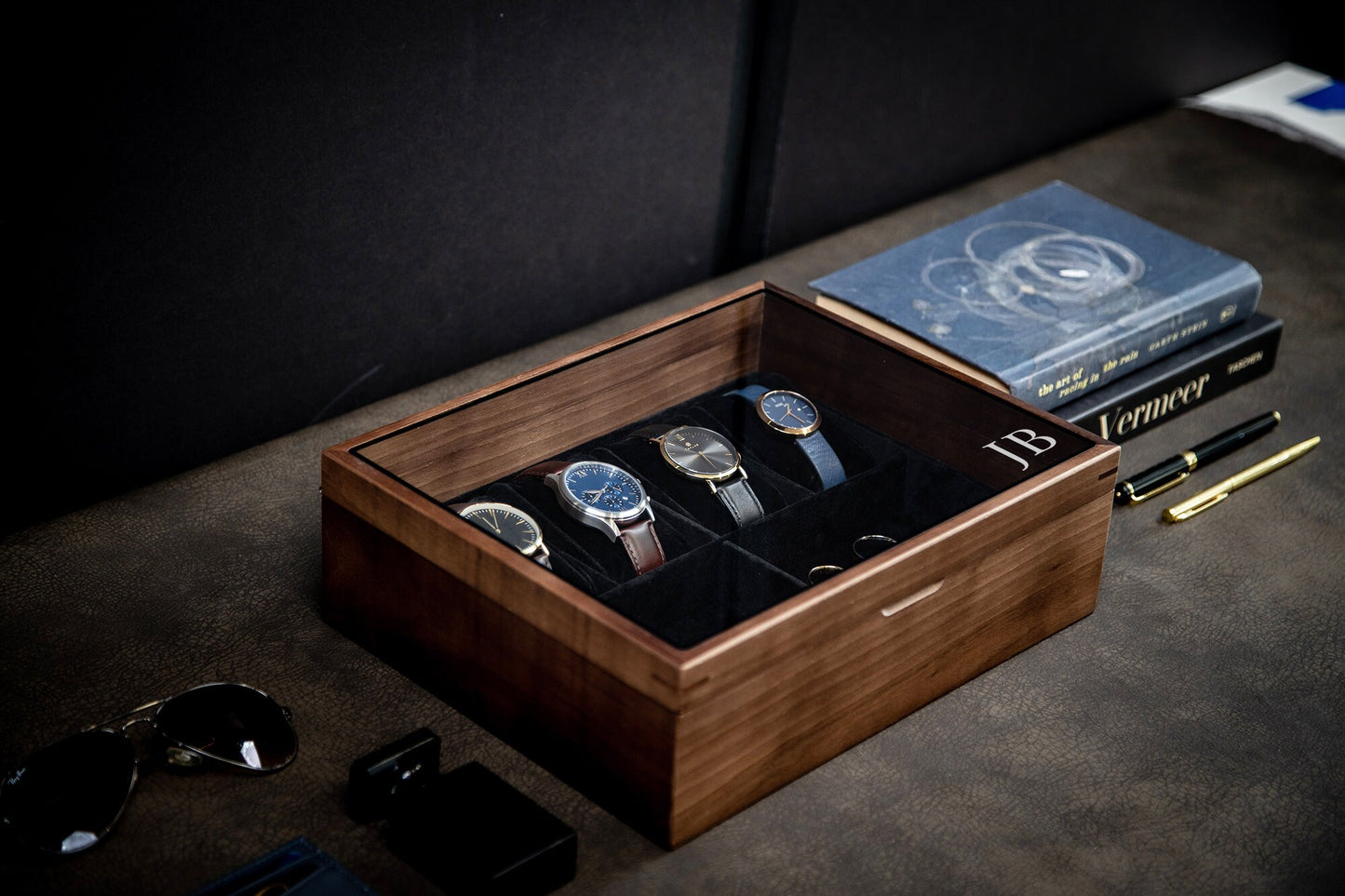 8x10 Wood Watch Box with Glass Lid (Design 3) - Modern Minimalist Gift for Watch Lovers Enthusiasts Gentlemen, Men's Jewelry Holder Case