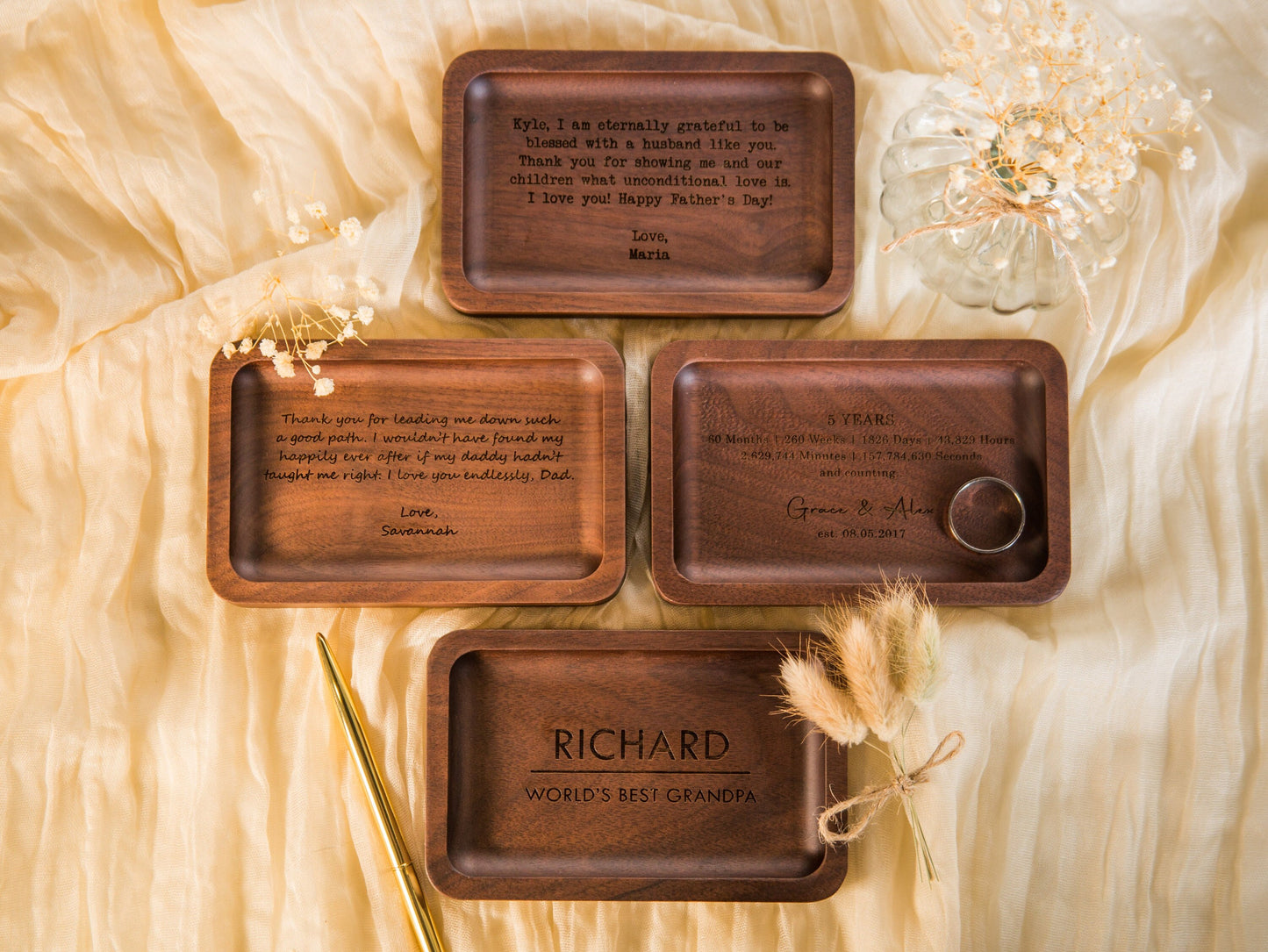 Rectangle Wood Tray - Engraved Dish for Rings Coins Keys, Entry Bedside Table Tray Personal Gift for Him Grandpa Grand Parents, Dorm Decor