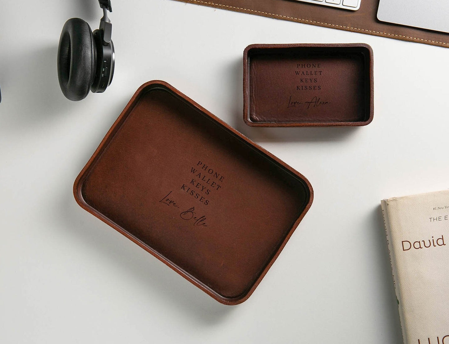Vegetable Tanned Hard Leather Valet (Design 6) - Engraved Tray for Him Boyfriend Husband Mens Anniversary, Custom Message Gifts for Mother