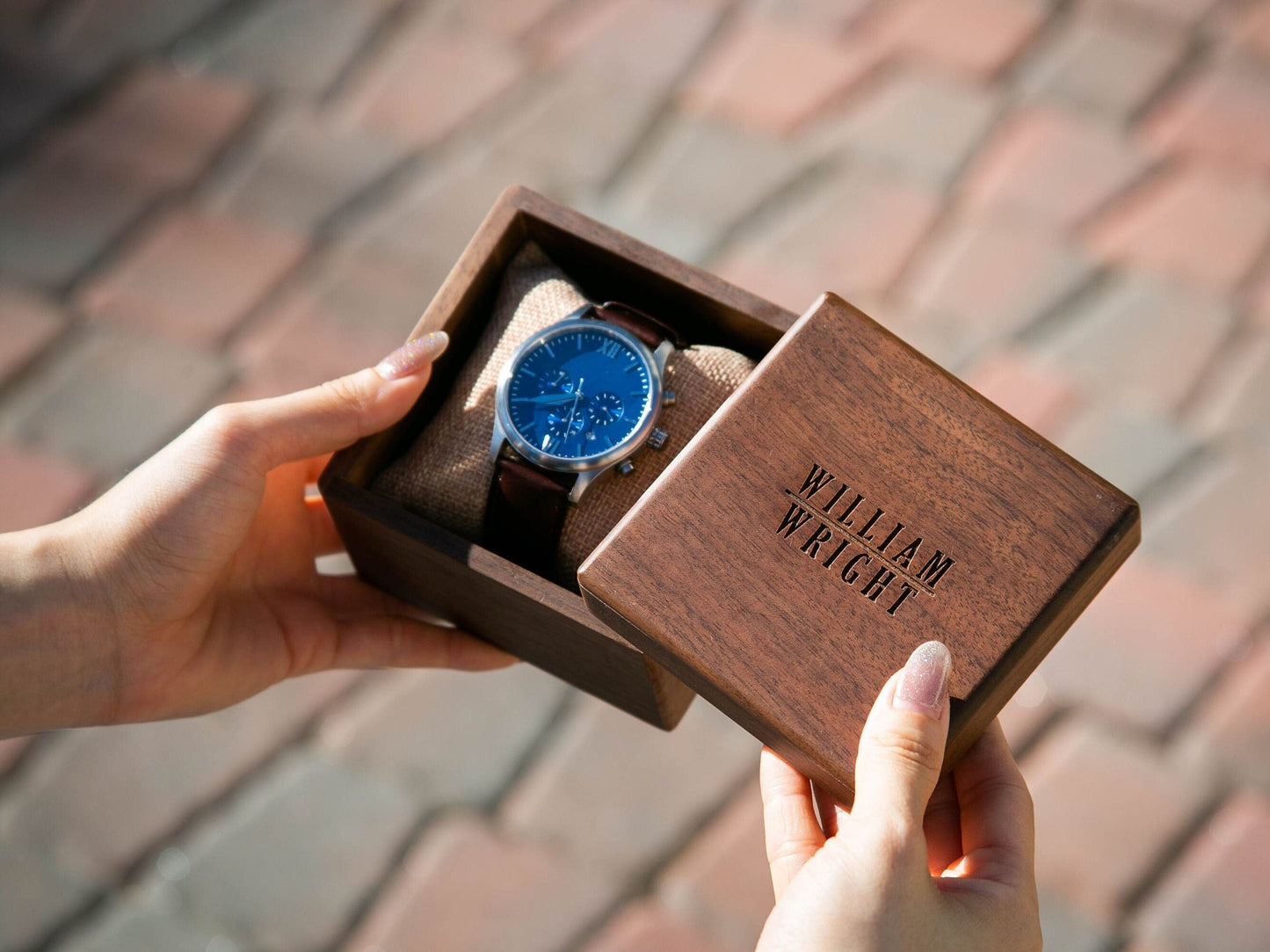 Metal Watch & Walnut Gift Box - Mens Watch, 5th Anniversary Gift Husband, Groomsmen Proposal, Wedding Day Gift for Dad Son Brother Boyfriend