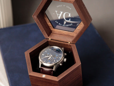 Metal Watch & Hexagon Watch Box w/ Glass Top (Set) - Mens Watch, Wedding Day Groom Gifts, Birthday Present for Men Husband Brother Boyfriend