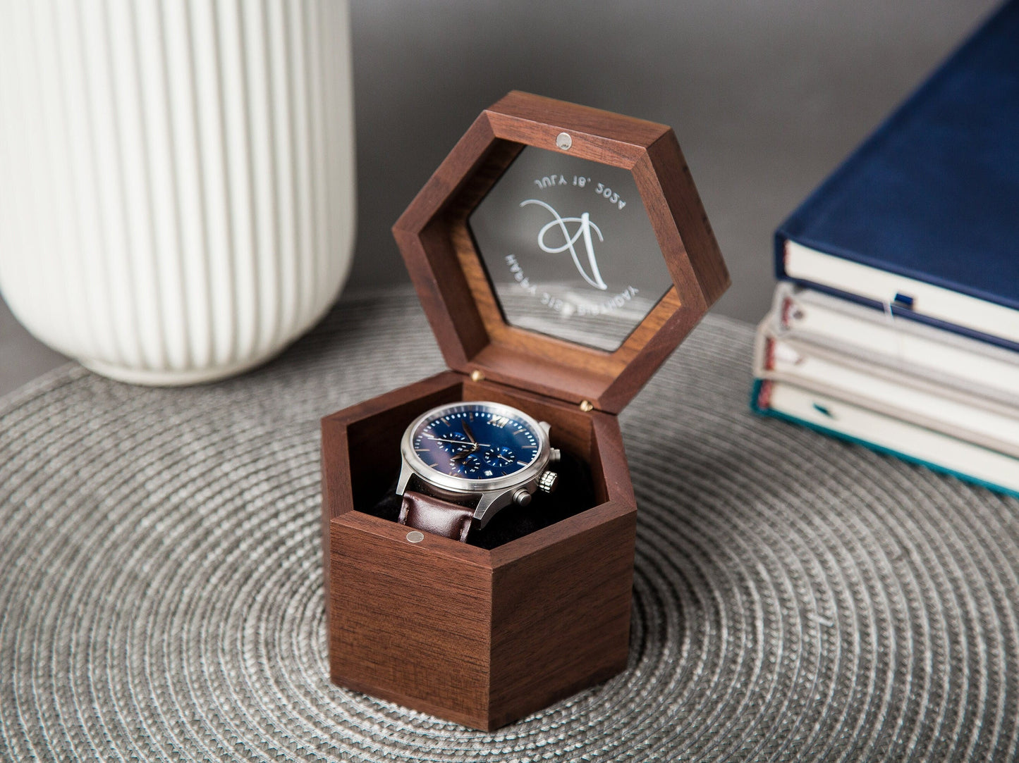 Metal Watch & Hexagon Watch Box w/ Glass Top (Set) - Mens Watch, Wedding Day Groom Gifts, Birthday Present for Men Husband Brother Boyfriend