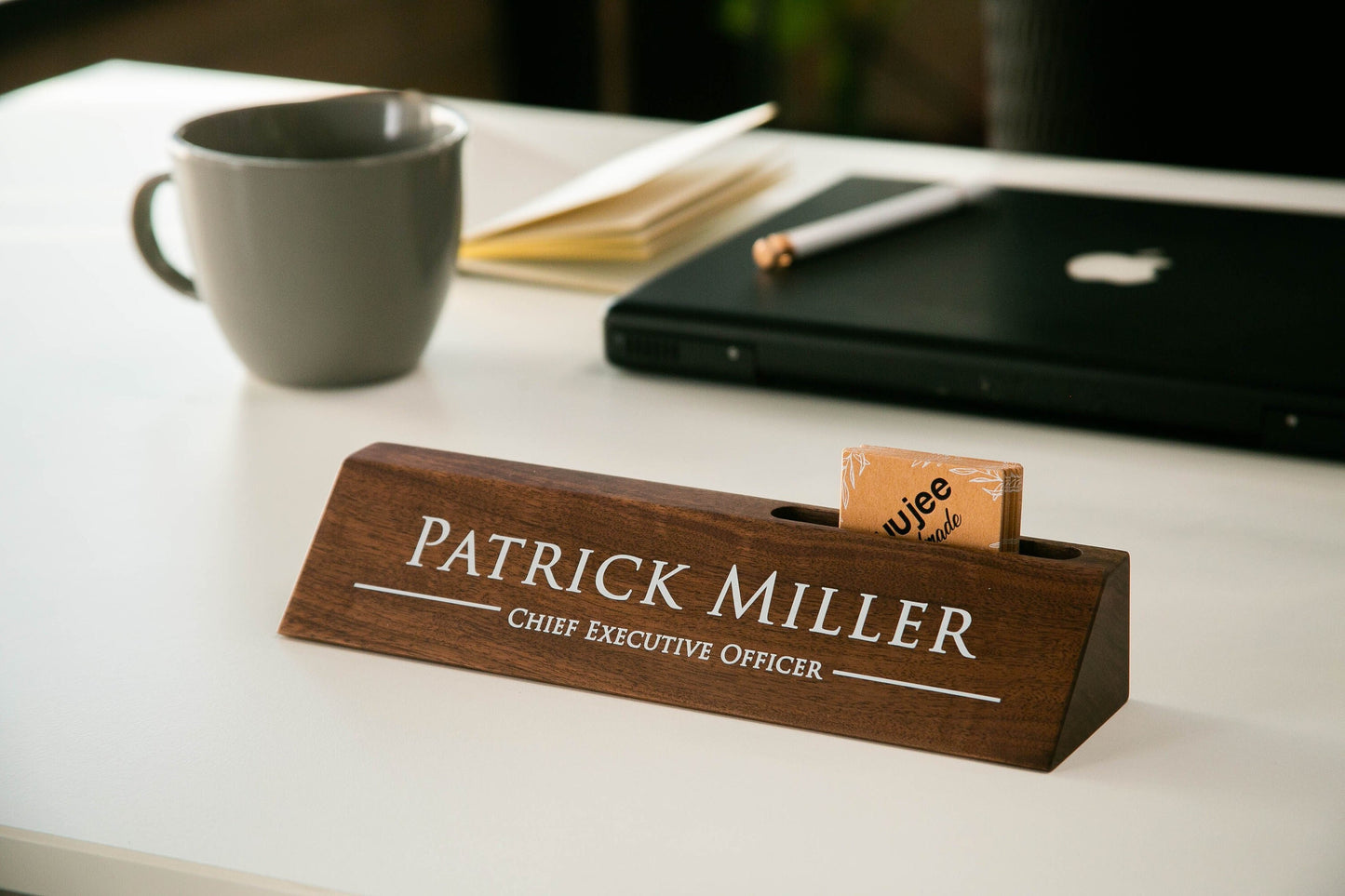 Wood Name Block with Card Slot (White Print 10") - Personalized Desk Name Plate for CEO, Small Business Owner Office Sales Manager Boss Gift