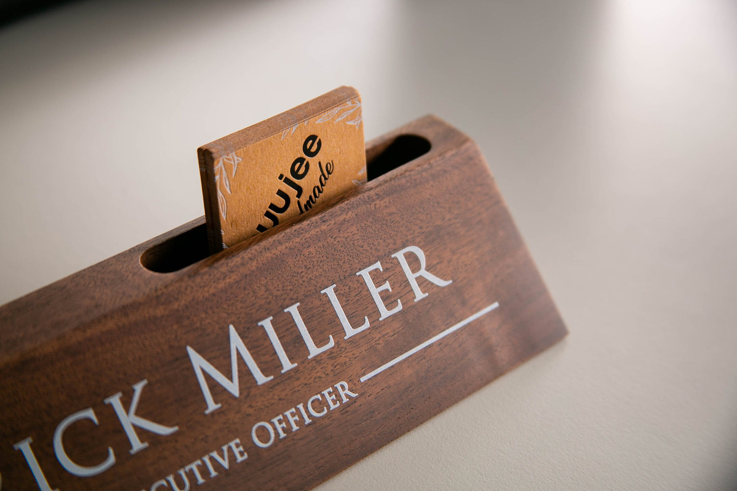 Wood Name Block with Card Slot (White Print 10") - Personalized Desk Name Plate for CEO, Small Business Owner Office Sales Manager Boss Gift