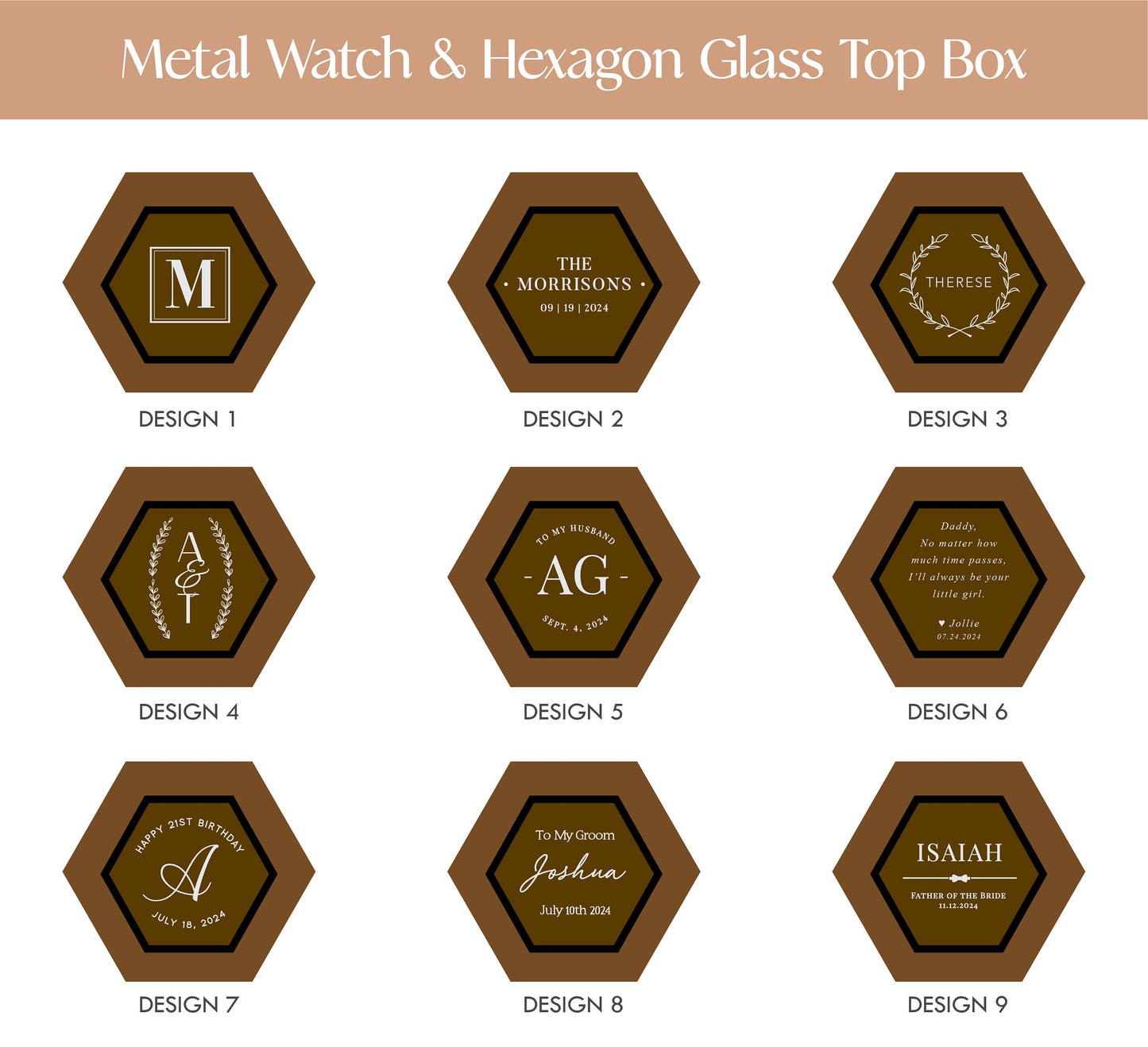 Metal Watch & Hexagon Watch Box w/ Glass Top (Set) - Mens Watch, Wedding Day Groom Gifts, Birthday Present for Men Husband Brother Boyfriend