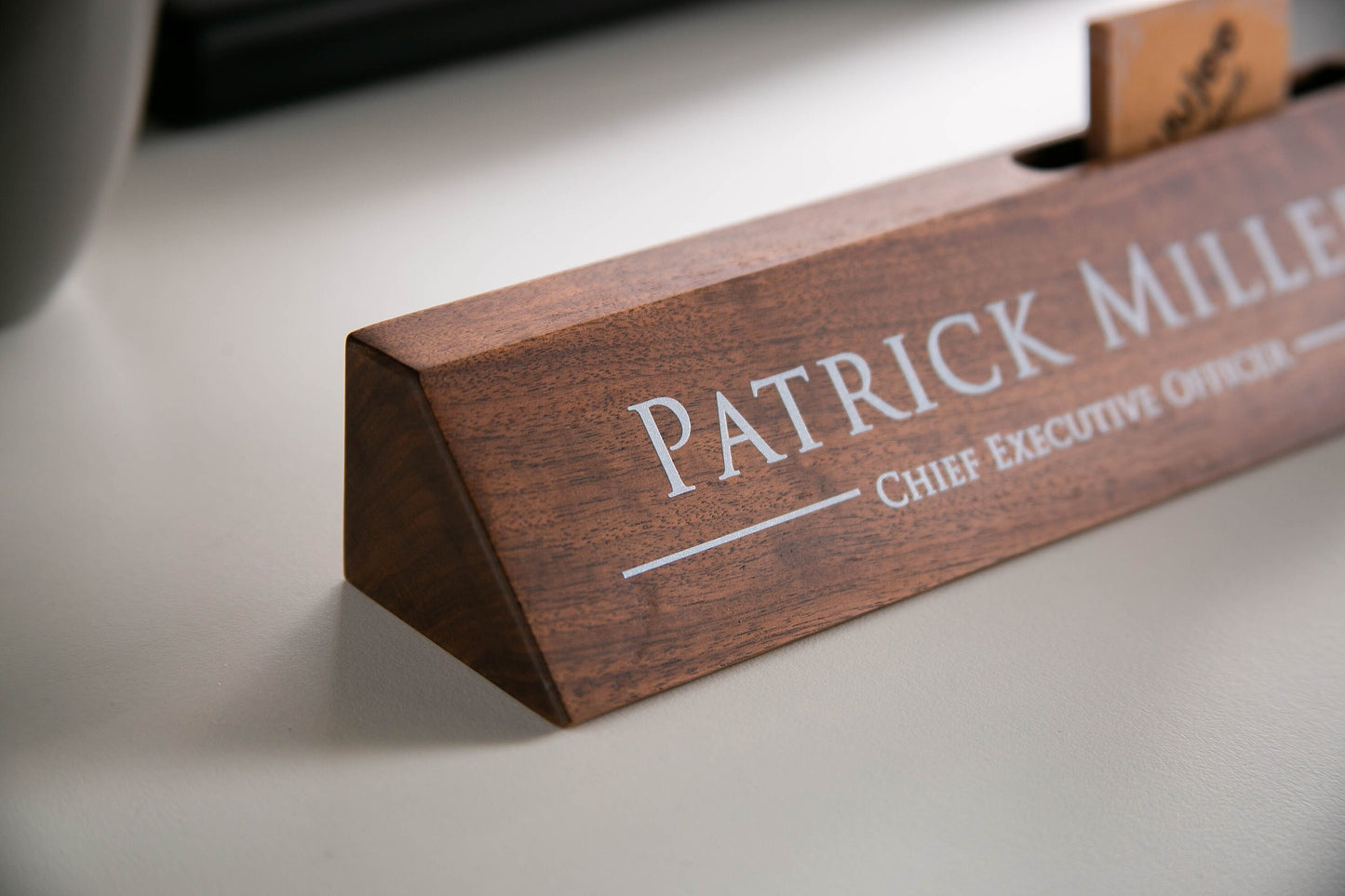 Wood Name Block with Card Slot (White Print 10") - Personalized Desk Name Plate for CEO, Small Business Owner Office Sales Manager Boss Gift