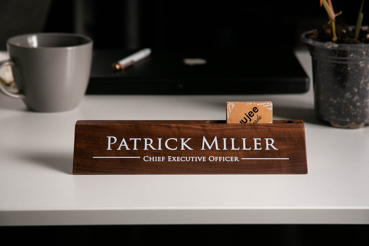 Wood Name Block with Card Slot (White Print 10") - Personalized Desk Name Plate for CEO, Small Business Owner Office Sales Manager Boss Gift