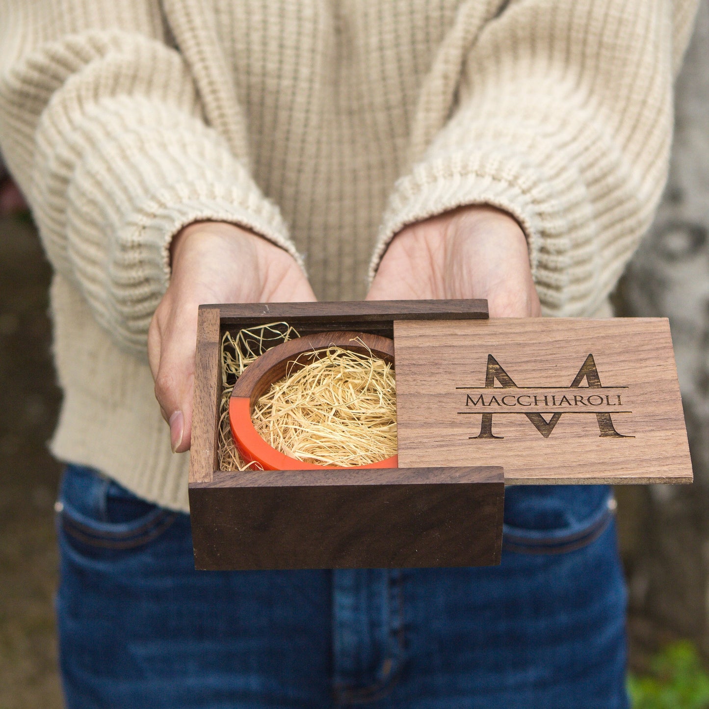 Square Walnut Trinket Gift Box with Wood Wool - Small Jewelry Necklace Bracelet Box, Personalized Wedding Travel Keepsake Custom Gift