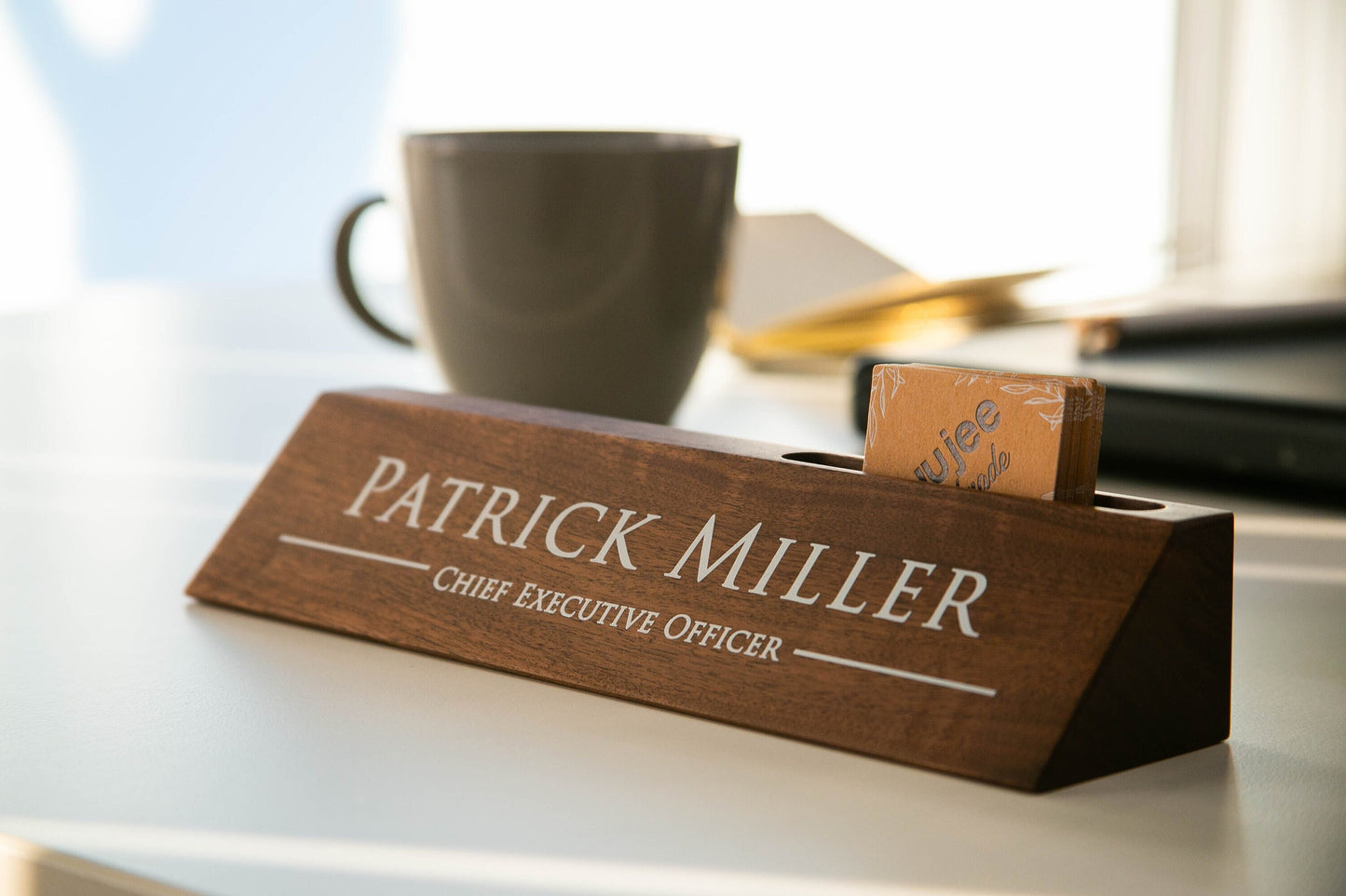 Wood Name Block with Card Slot (White Print 10") - Personalized Desk Name Plate for CEO, Small Business Owner Office Sales Manager Boss Gift