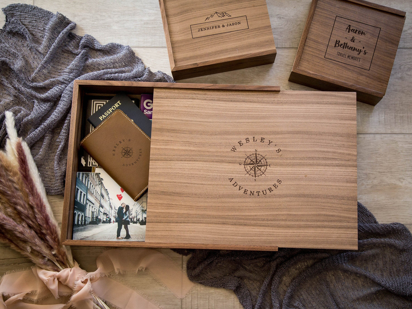 Travel Keepsake Box - Photography Box, Custom Storage Wood Box for Letters Cards Photos, Gift Idea for Birthday Anniversary Wedding Travel
