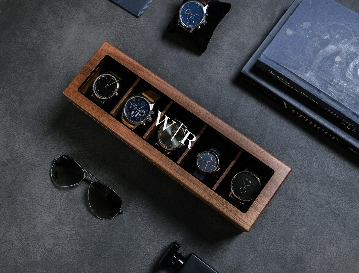 Wide Wood Watch Box (Design 2) - Personalized Watch Display Case Storage for Men Dad Husband Boyfriend Fiancé Father In Law, Teacher Gift
