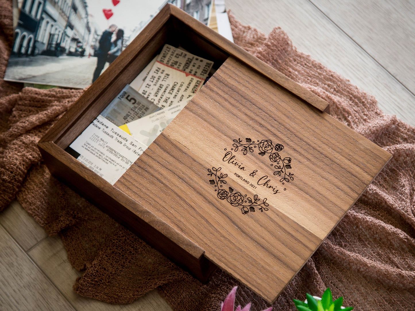 Travel Keepsake Box - Photography Box, Custom Storage Wood Box for Letters Cards Photos, Gift Idea for Birthday Anniversary Wedding Travel
