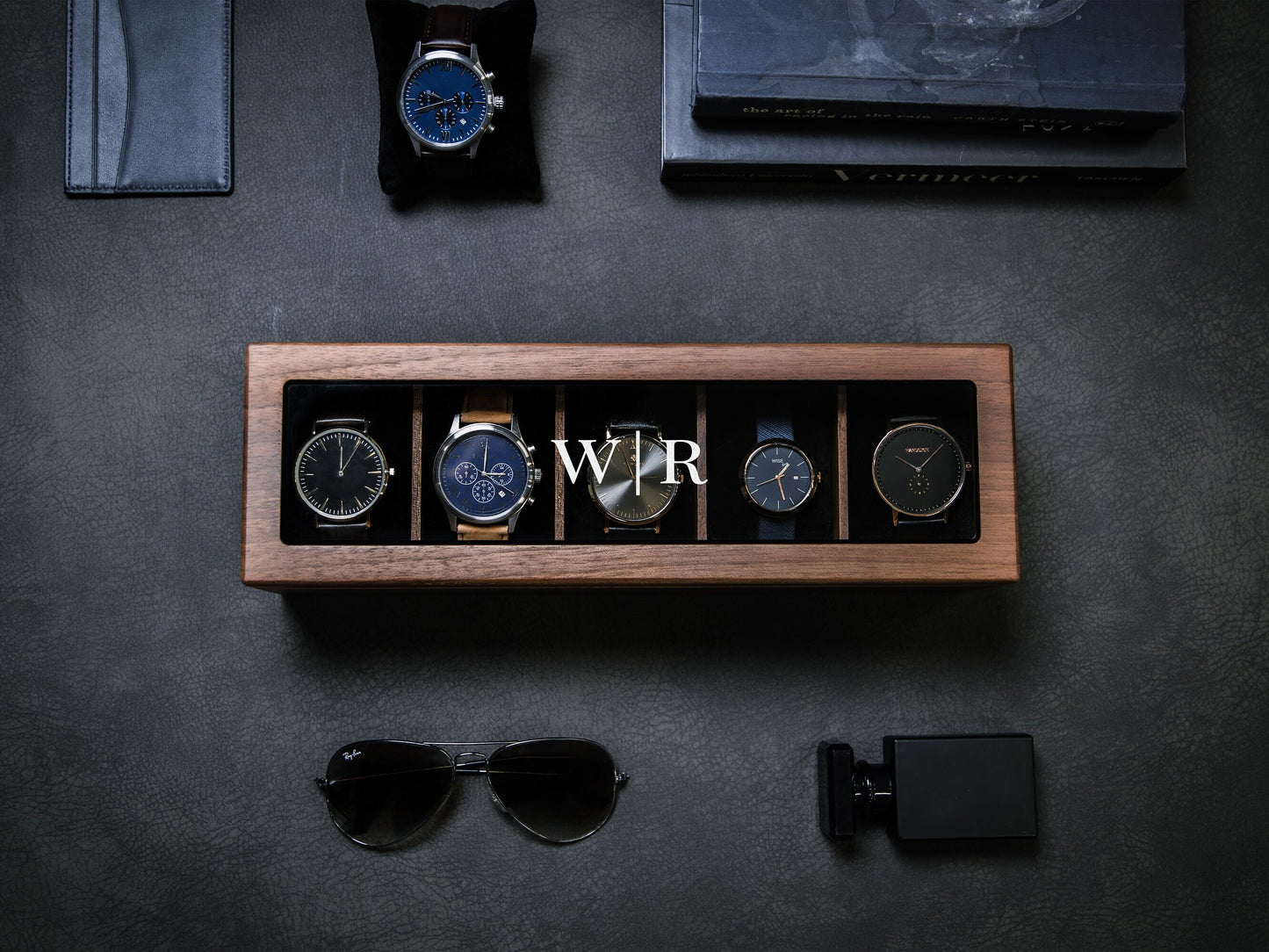 Wide Wood Watch Box (Design 2) - Personalized Watch Display Case Storage for Men Dad Husband Boyfriend Fiancé Father In Law, Teacher Gift