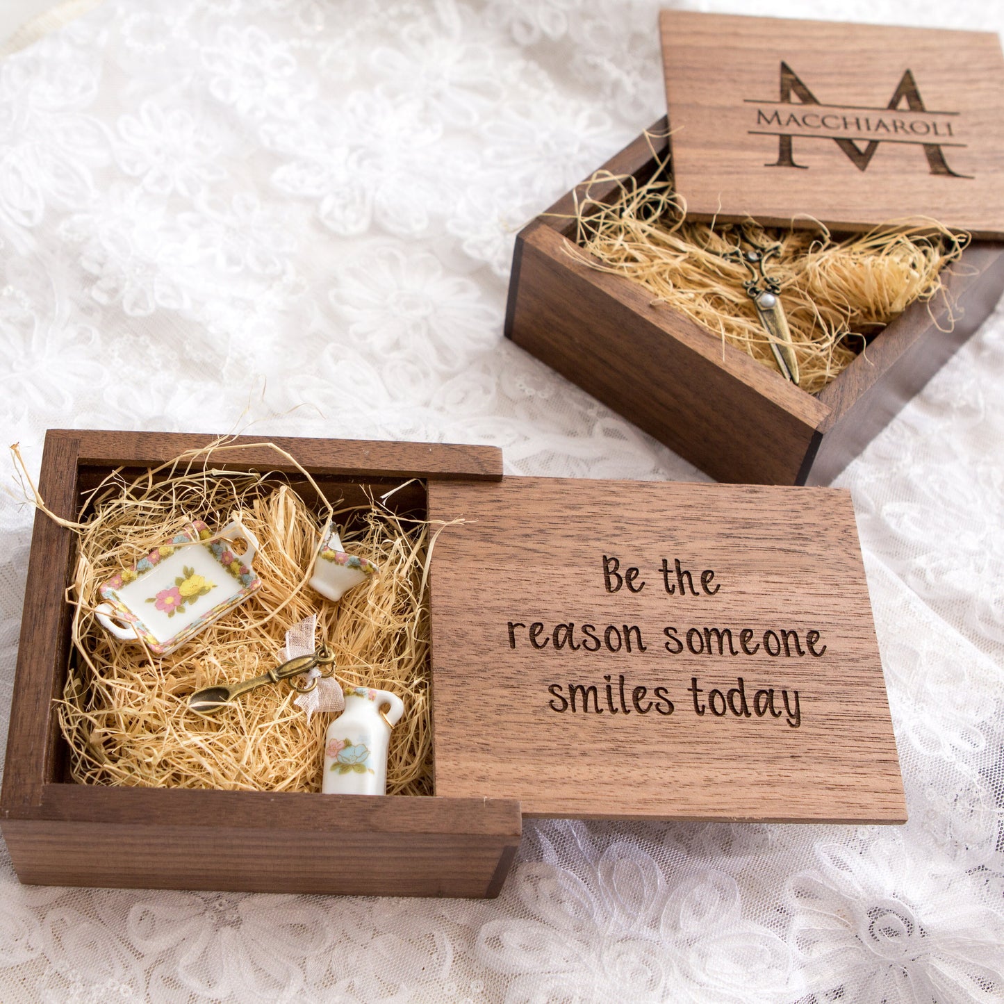Square Walnut Trinket Gift Box with Wood Wool - Small Jewelry Necklace Bracelet Box, Personalized Wedding Travel Keepsake Custom Gift