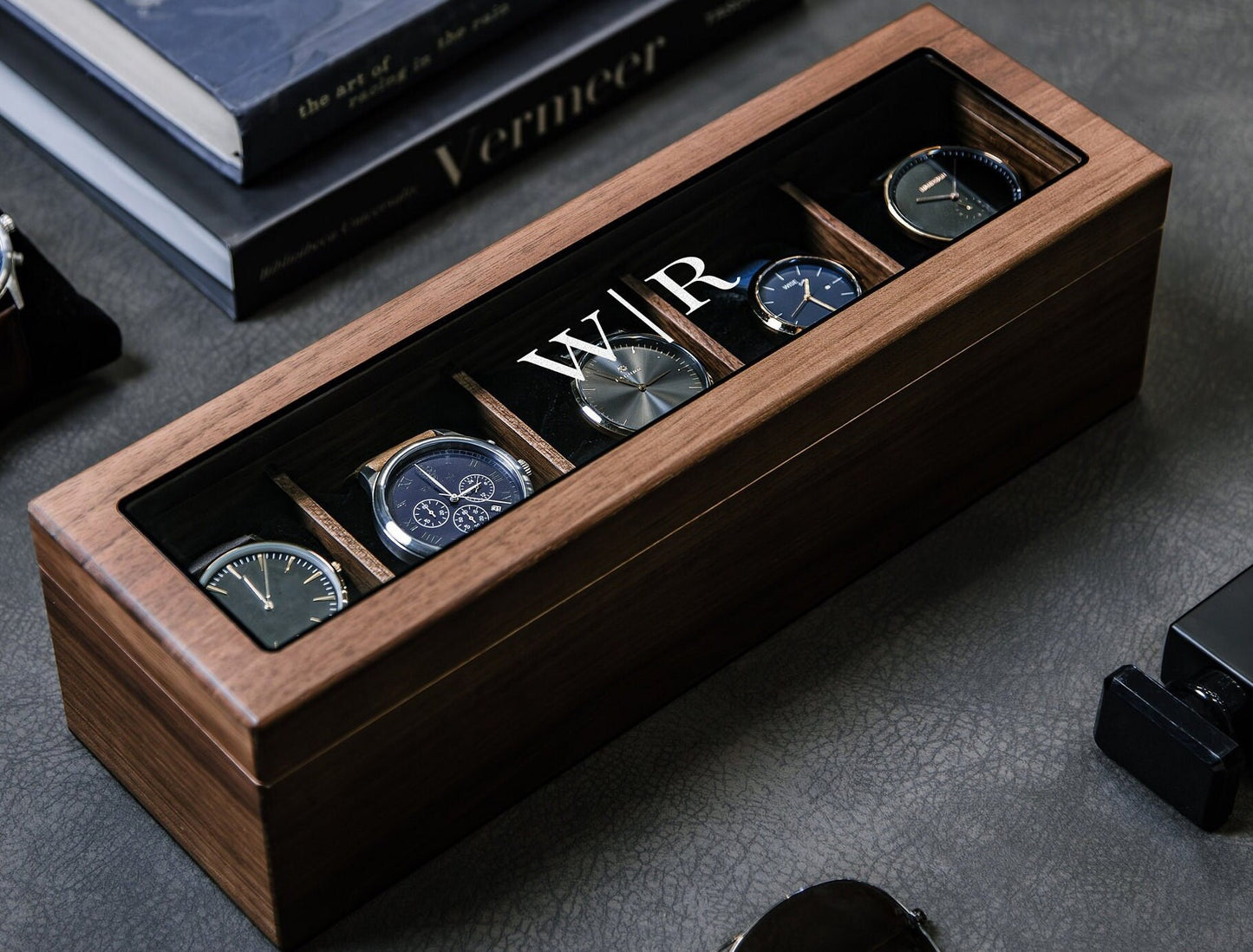 Wide Wood Watch Box (Design 2) - Personalized Watch Display Case Storage for Men Dad Husband Boyfriend Fiancé Father In Law, Teacher Gift