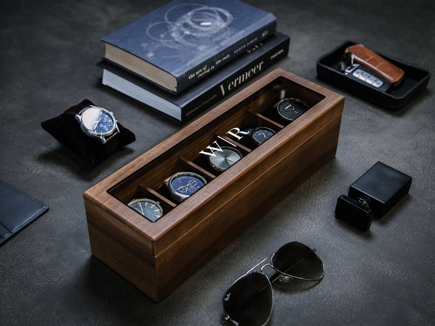 Wide Wood Watch Box (Design 2) - Personalized Watch Display Case Storage for Men Dad Husband Boyfriend Fiancé Father In Law, Teacher Gift