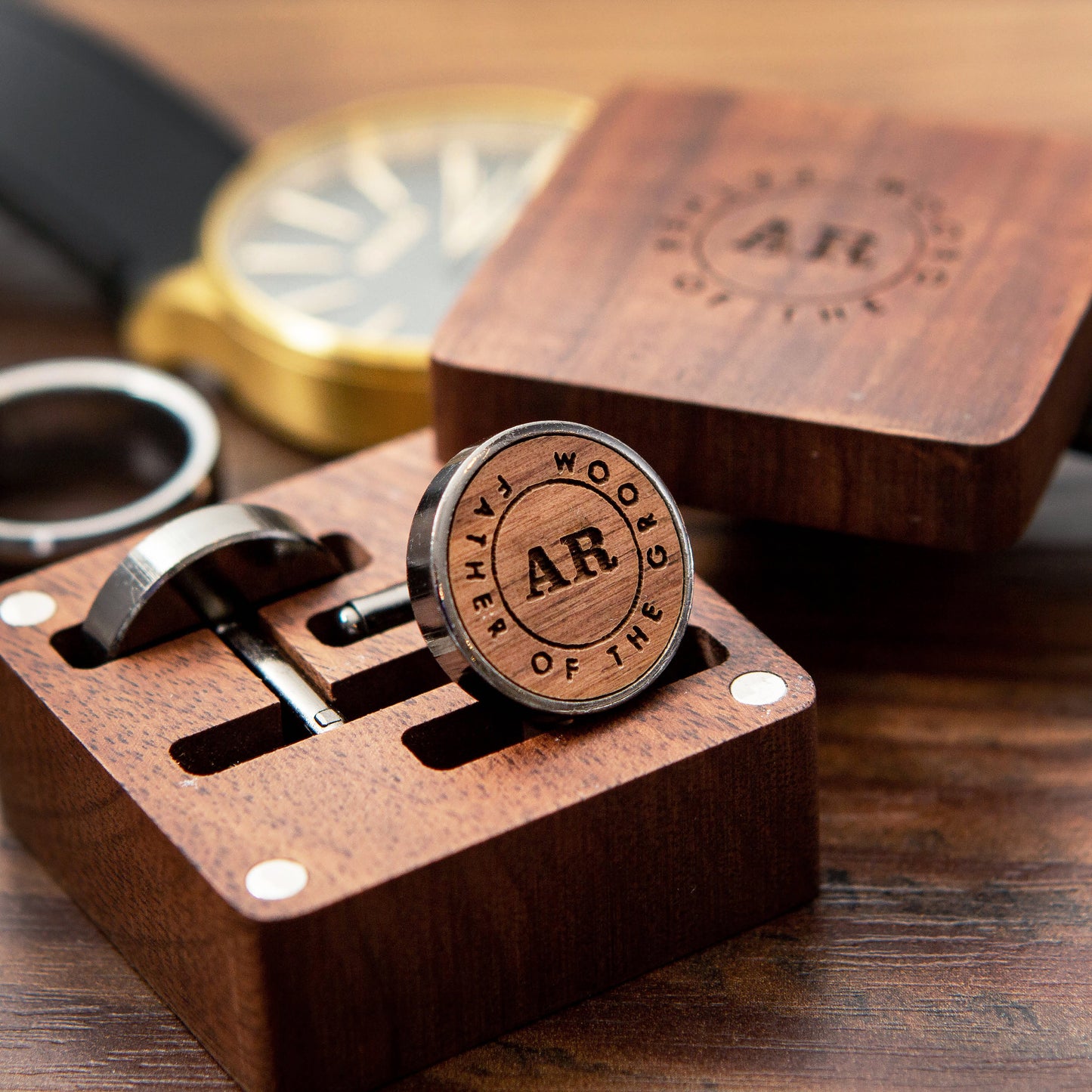 Wood Cufflinks - Square Gift Box Optional - Wedding Day Cuff links Father of the Groom Bride Groomsmen, 5th Anniversary or Honeymoon Gift